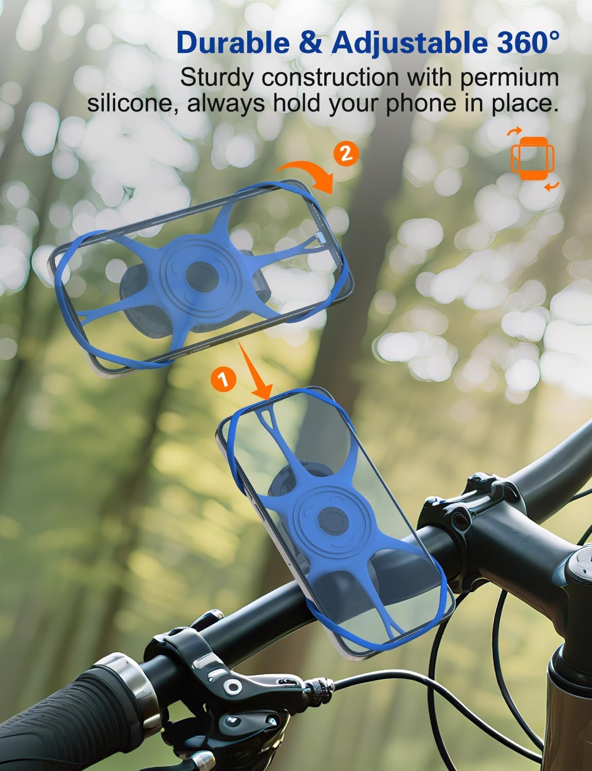 Detachable Bike Phone Mount, Universal Bicycle Phone Holder- 360° Rotatable, Silicone Bicycle Phone Holder for 16 Pro Max / 15, S10 and More 4.7-6.8" Phone, Blue