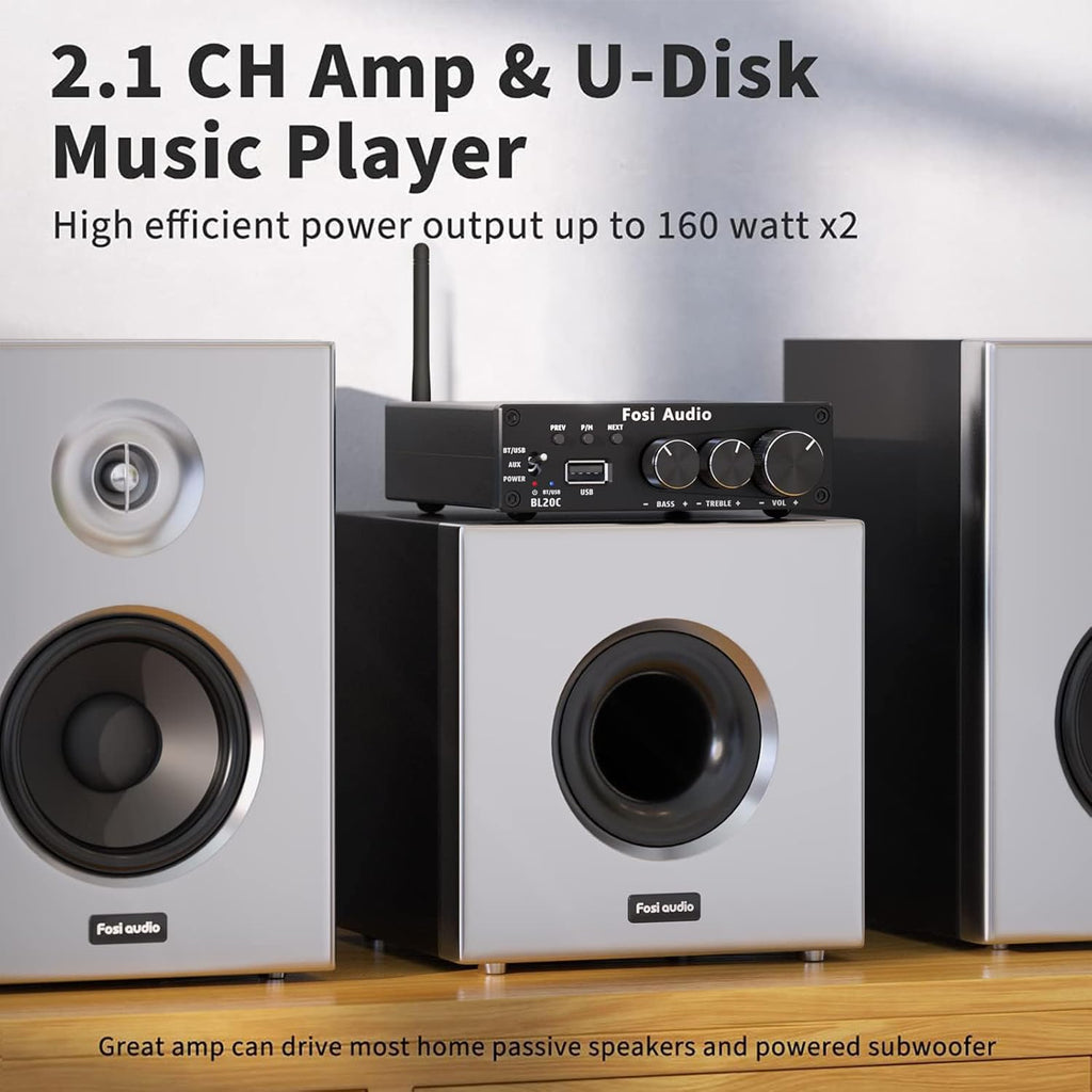 Fosi Audio BL20C Bluetooth 5.0 Stereo Audio Receiver Amplifier 320 Watts 2.1 CH Mini Hi-Fi Class D TDA7498E Integrated Amp U-Disk Player for Home Passive Speakers Powered Subwoofer(with Power Supply)