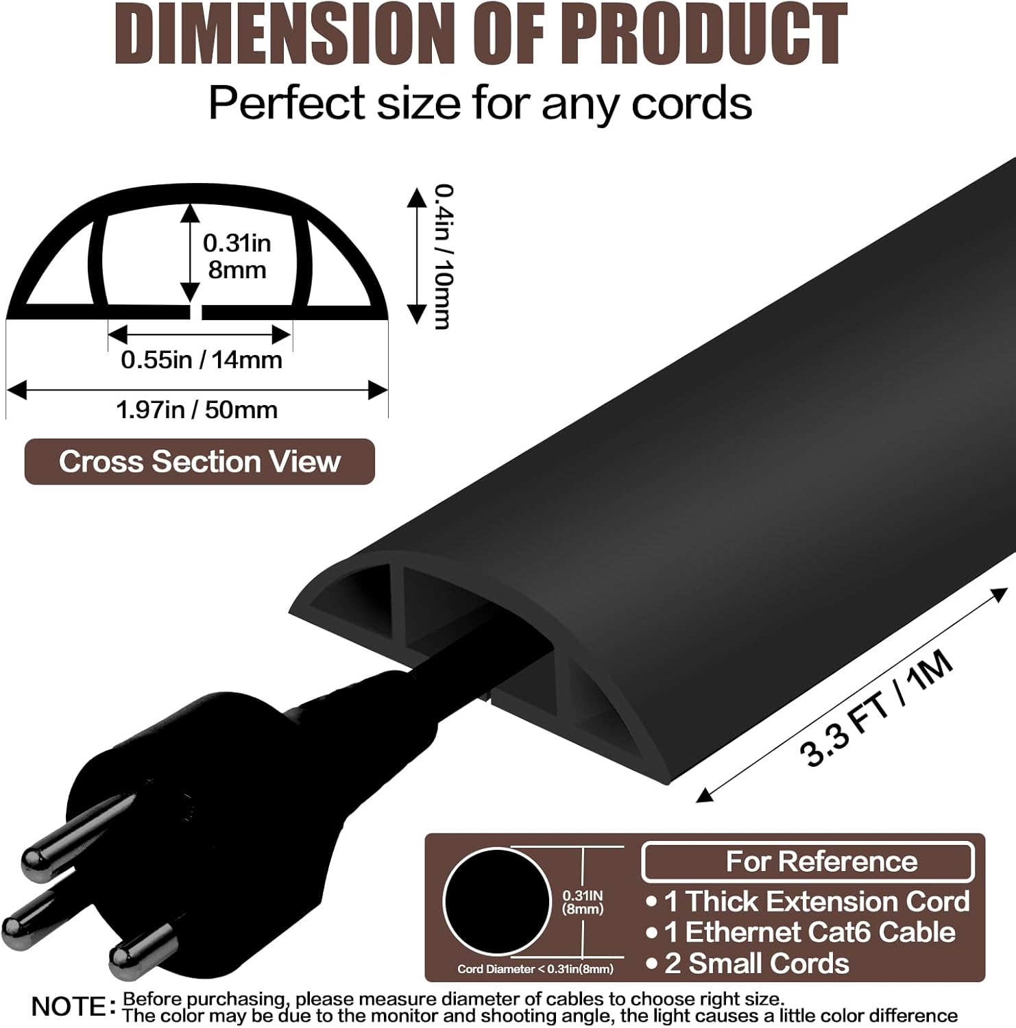 Floor Cord Cover Self Adhesive Cord Hider,3.3FT Cable Management, Extension Strip Protector for Wires, Prevent Cable Trips for Offices, Gyms, Exhibitions Cavity:0.47"(W) x 0.35"(H) Black
