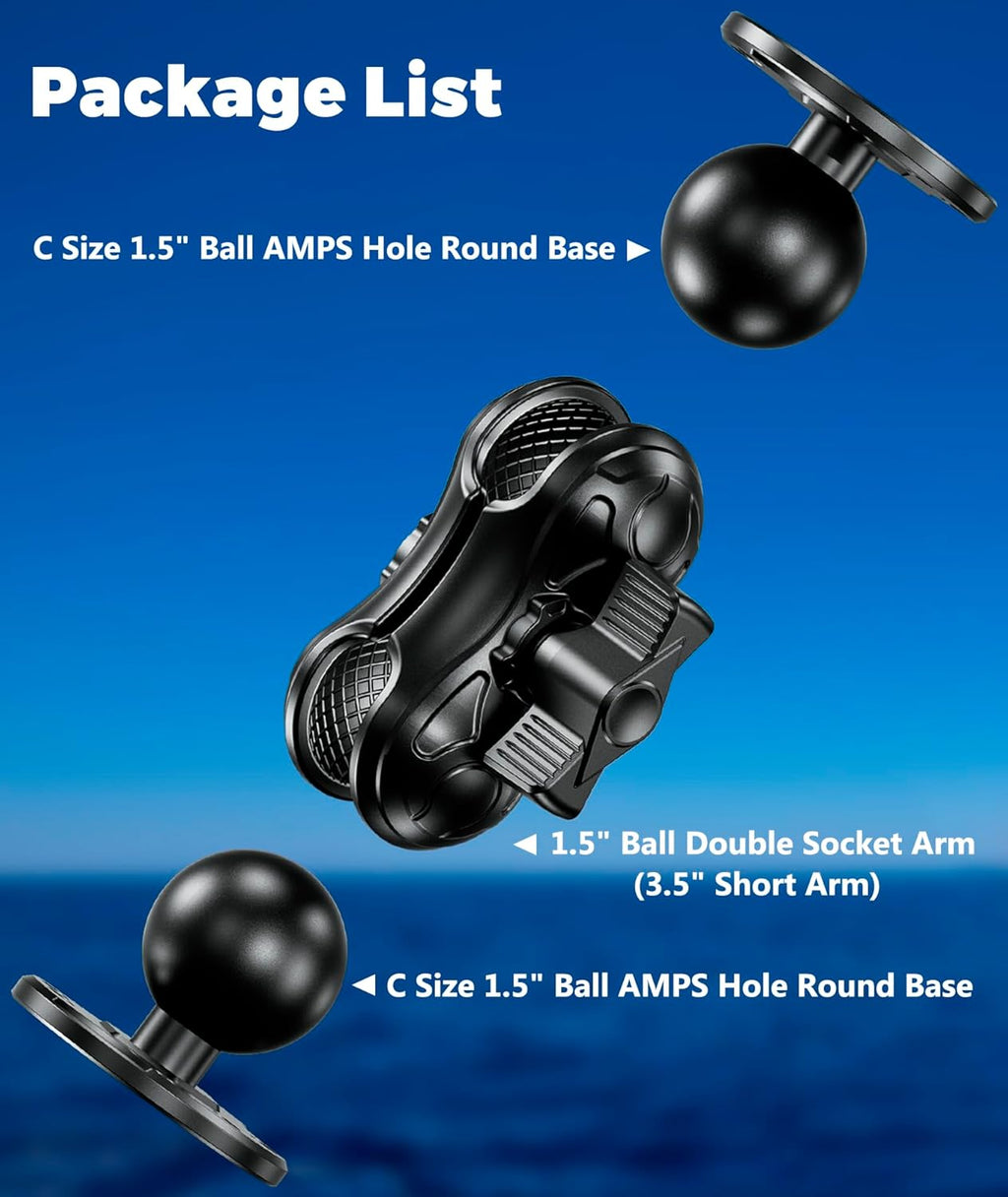 Aluminum Alloy Fish Finder Mount with 1.5" Ball AMPS Hole Round Plates, 3.5" Short Arm Marine Electronic Mount Tablet Holder for Garmin, Lowrance, Humminbird, Raymarine and More