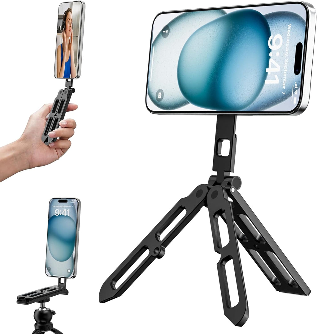 UBeesize 2-in-1 Magnetic Phone Tripod for iPhone–MagSafe Mini Stand & Universal Tripod Mount, Foldable Pocket Aluminum Phone Holder for iPhone 16/15/14/13/12 Series, Desktop & Travel Use