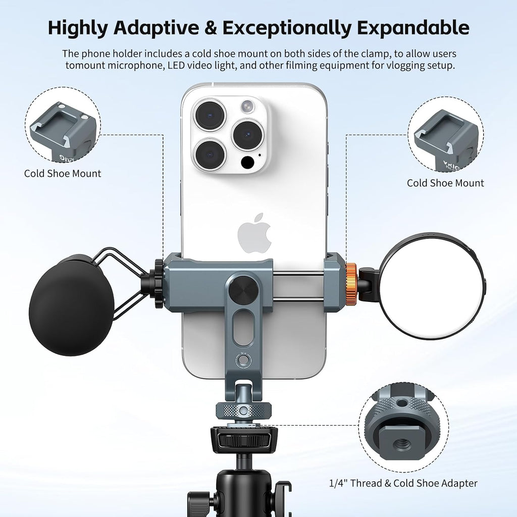 VRIG PH-18 Metal Phone Tripod Mount with Cold Shoe & 1/4"-20 Screw Holes, 360° Rotation Horizontal & Vertical Shooting, Adjustable Angle Smartphone Holder Tripod Adapter for iPhone, for Samsung