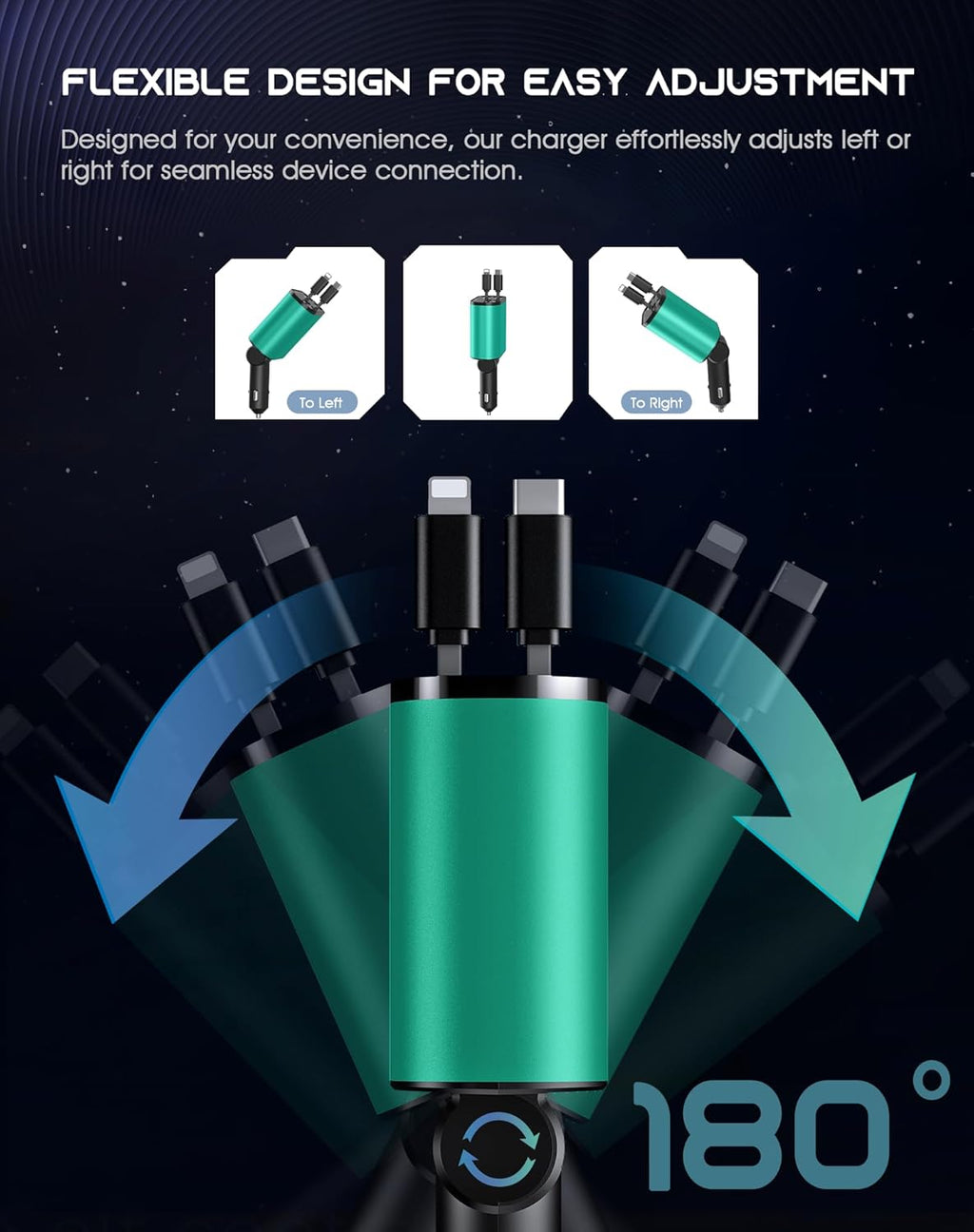 Retractable Car Phone Charger, 4 in 1 Fast Charge Car Phone Charger with 2 Retractable Cables(2.6ft) and 2 USB Ports, Compatible with iPhone15/14/15 Pro Max,Samsung (Bluish Green)