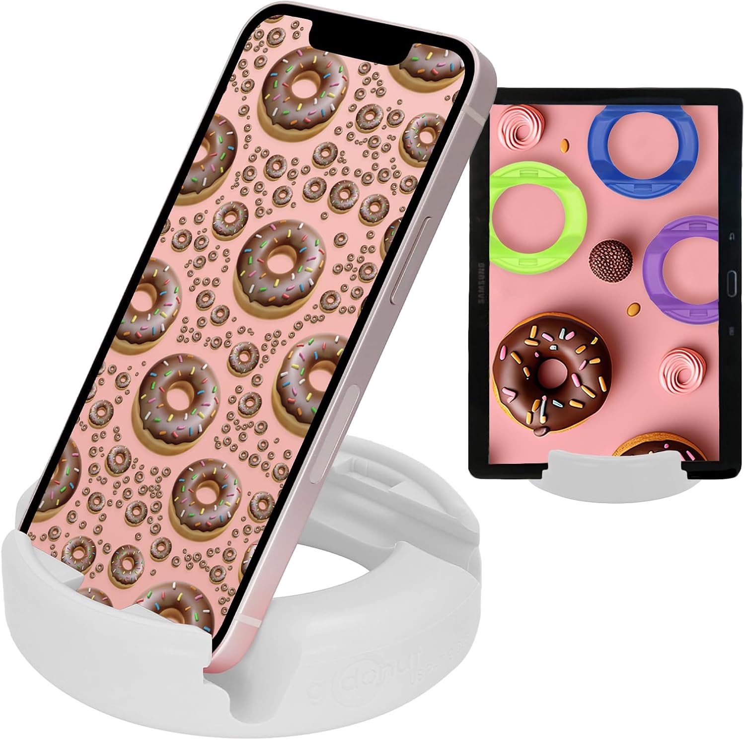 GoDonut – Phone Stand Original – Cell Phone Holder + Tablet Stand Desk Organizer – Compatible with Tablet, iPhone 16 15 14 Pro Max, Android & Most Smartphones - White