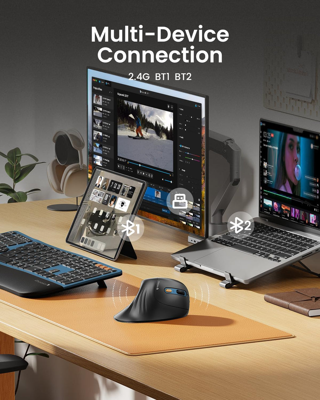 ProtoArc Ergonomic Mouse, EM11 NL Bluetooth Rechargeable Wireless Vertical Mouse, 3 Multi-Device Connectivity for Computer/PC/Laptop, 2.4GHz Optical Mice for Windows, Mac OS, Blue