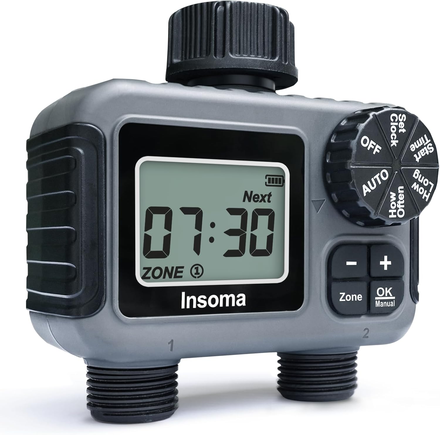 Insoma 2-Zone Sprinkler Timer, Programmable Garden Hose Timer with Auto/Manual/Rain Delay Modes | Water-Saving Irrigation Controller for Lawn, Yard & Drip Systems | Waterproof Design & Easy Setup