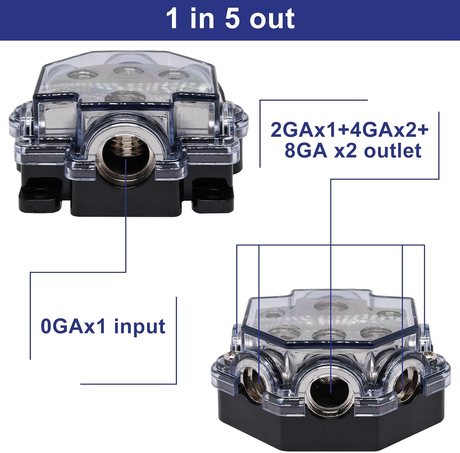 2pc Power Distribution Block Car Audio 1 in 5 Ways Out Car Audio Distributions Block 0 Gauge Input 2/4/8 Gauge Out Ground Cable Splitter Distribution Blocks for Automotive