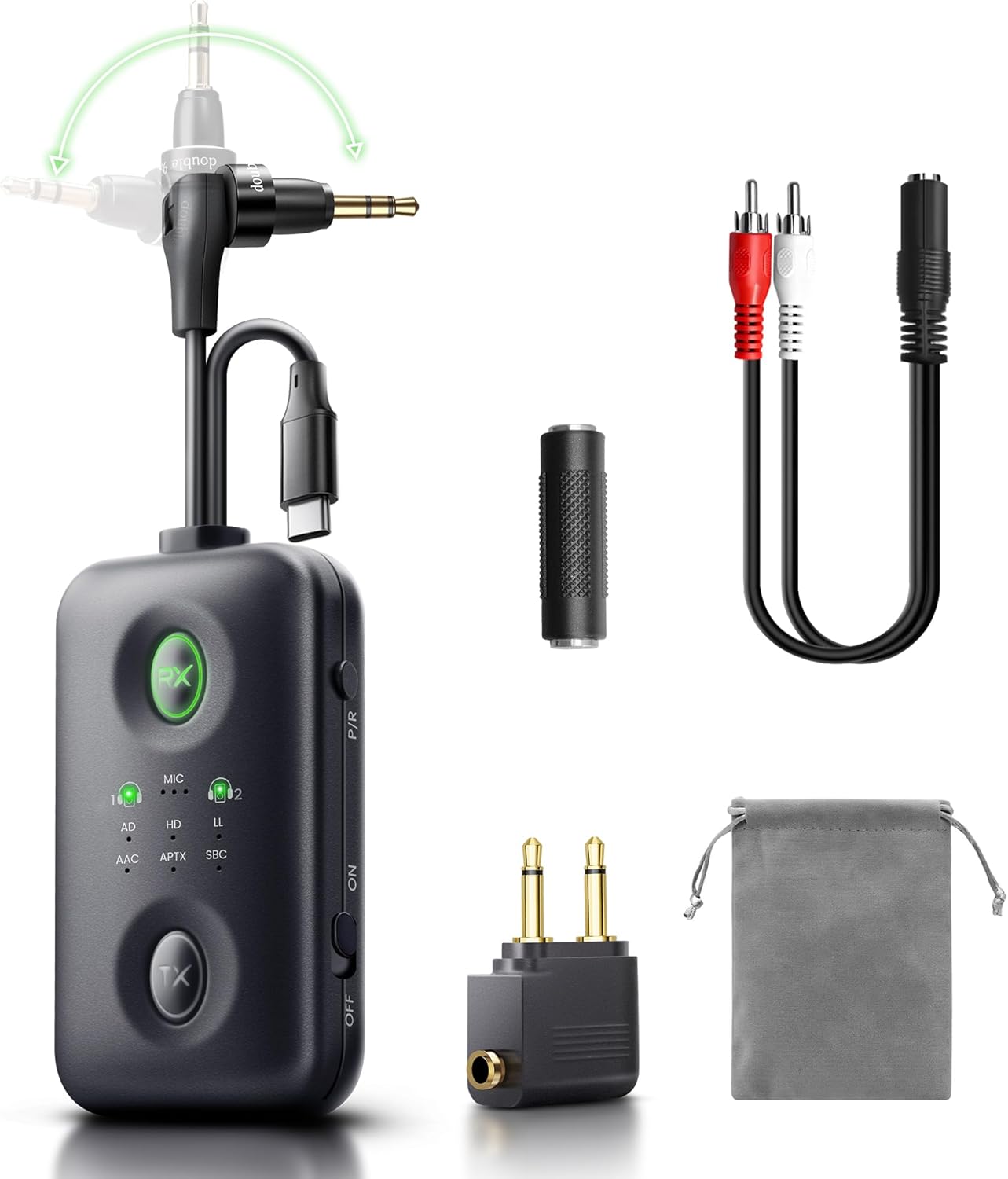 Unique Design Bluetooth 5.4 Transmitter Receiver with Qualcomm aptX Adaptive for Dual AirPods/Headphones, 3.5mm Aux Jack & USB C Bluetooth Adapter for Airplane/TV/PS5/Gym/Phone/Tablet/Car(for TV)