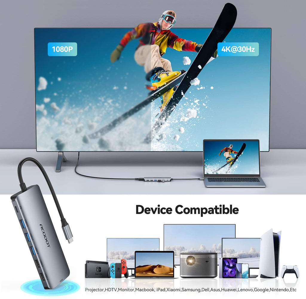 USB C Hub, Acodot 9 in 1 Type C Hub Adapter Portable Docking Station Aluminum Dongle Compatible with MacBook Pro/Thunderbolt 3 Laptops of Type C Devices, with 4K HDMI/ 5 USB Ports/ 100W PD/SD/TF