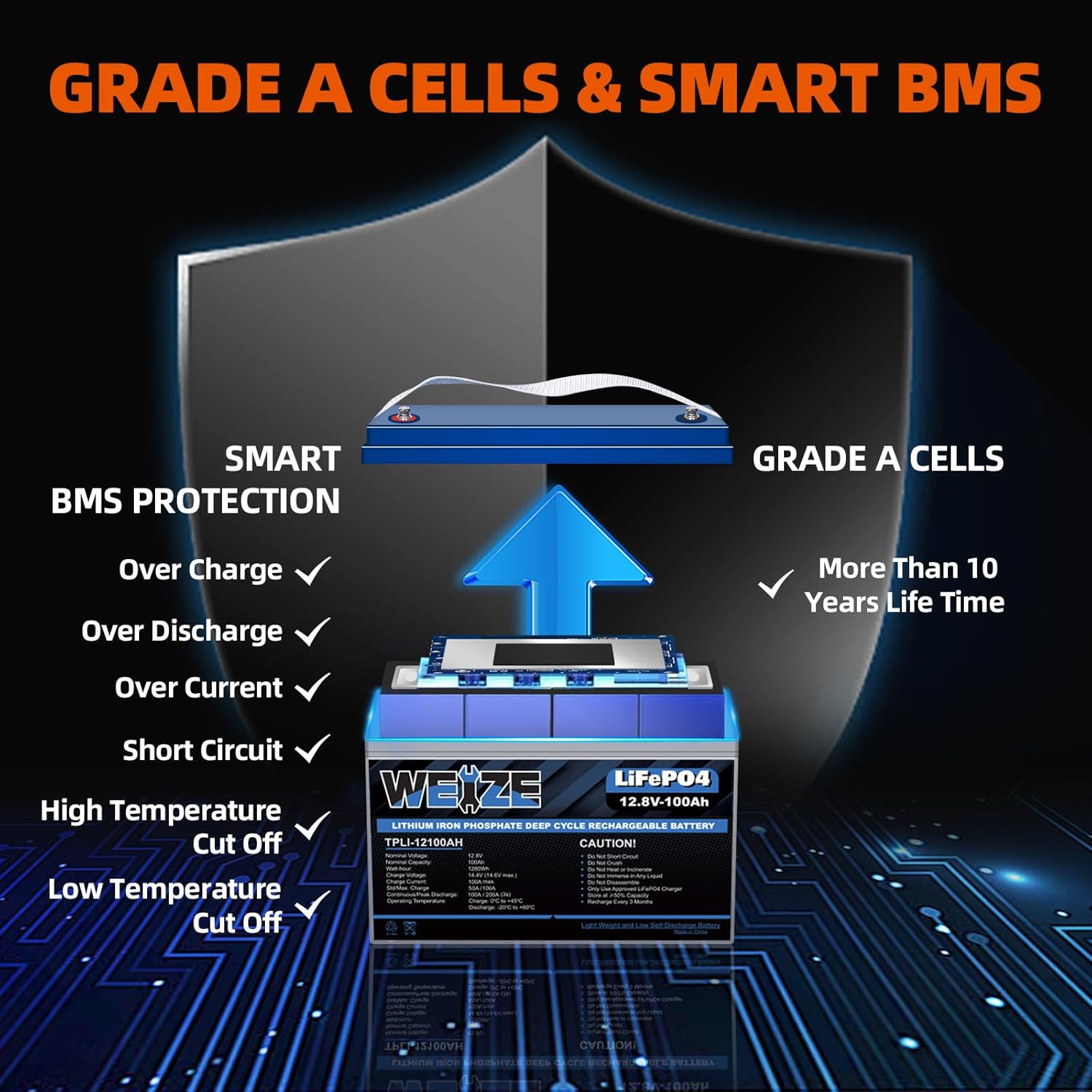 Weize 12V 100Ah TM LiFePO4 Lithium Battery, Built-in Smart BMS, Group 31 Deep Cycle Battery Perfect for Trolling Motor, RV, Solar, Marine, Overland/Van, and Off Grid Applications