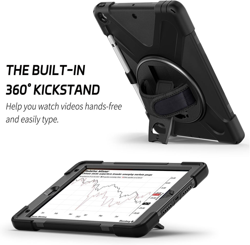 ZenRich Shockproof Case for iPad 9th/8th/7th Generation 10.2 inch 2021/2020/2019, Heavy Duty Rugged Case with Pencil Holder/360° Rotating Kickstand/Handle/Carrying Strap, Black
