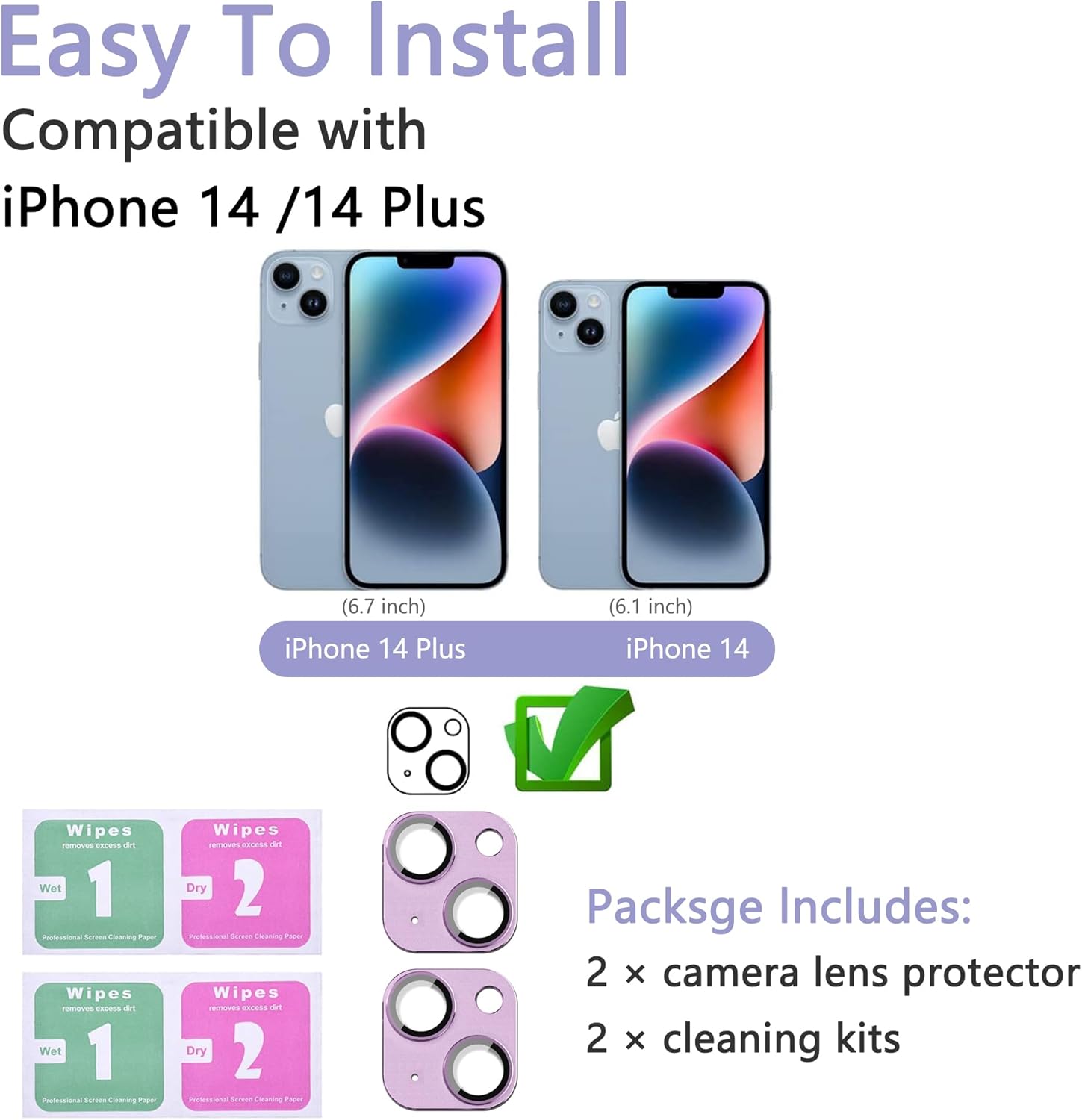 2 Pack Camera Lens Protector for iPhone 14 / iPhone 14 Plus,[Not Easy to Breakn ] AR Tempered Glass Strong Adsorption Metal Camera Cover Screen-purple