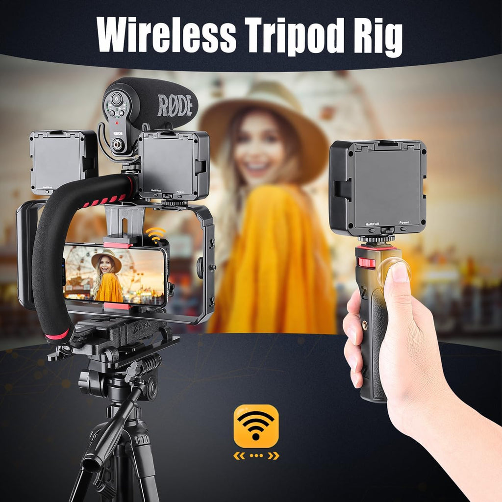 Zeadio Camera Handheld Stabilizer with Smartphone Video Cage Rig, Triple Cold-Shoe Handle Grip Compatible with All Camera Action Camera DSLR Smartphone