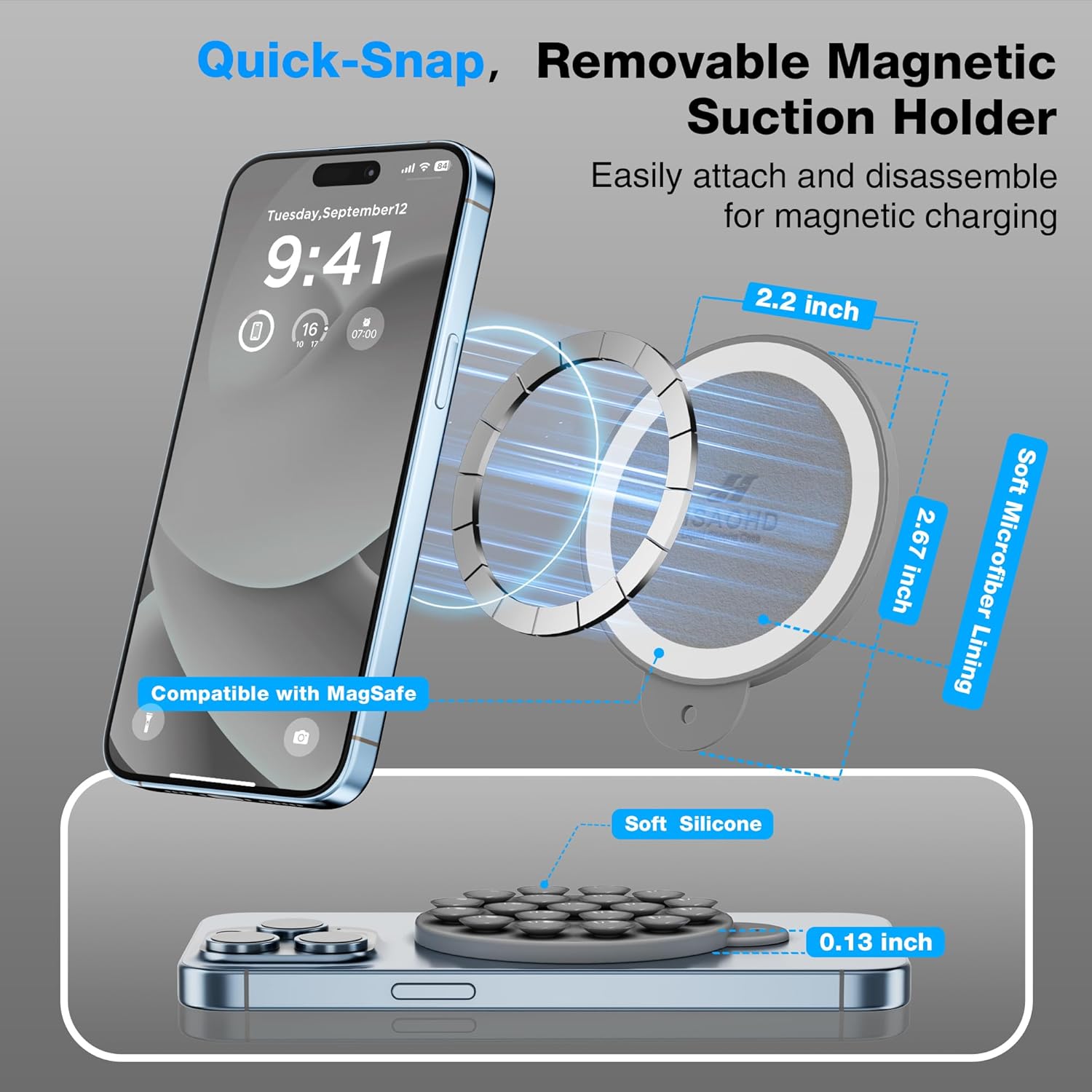 Magnetic Suction Cup Mount for MagSafe Case, Silicone Hands-Free Grip Holder for iPhone and Android, Mirror Shower Phone Stand for Makeup FaceTime Gym Kitchen Bathroom, Gray