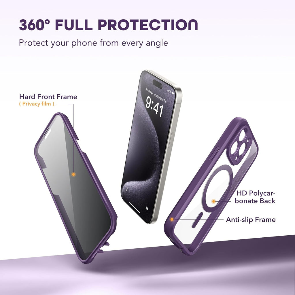 Magnetic for iPhone 15 Pro Case, Compatible with MagSafe, Built-in Privacy Screen Protector and Camera Protection, Anti Spy Full Body Dustproof Shockproof Hard Phone Case 6.1", Purple