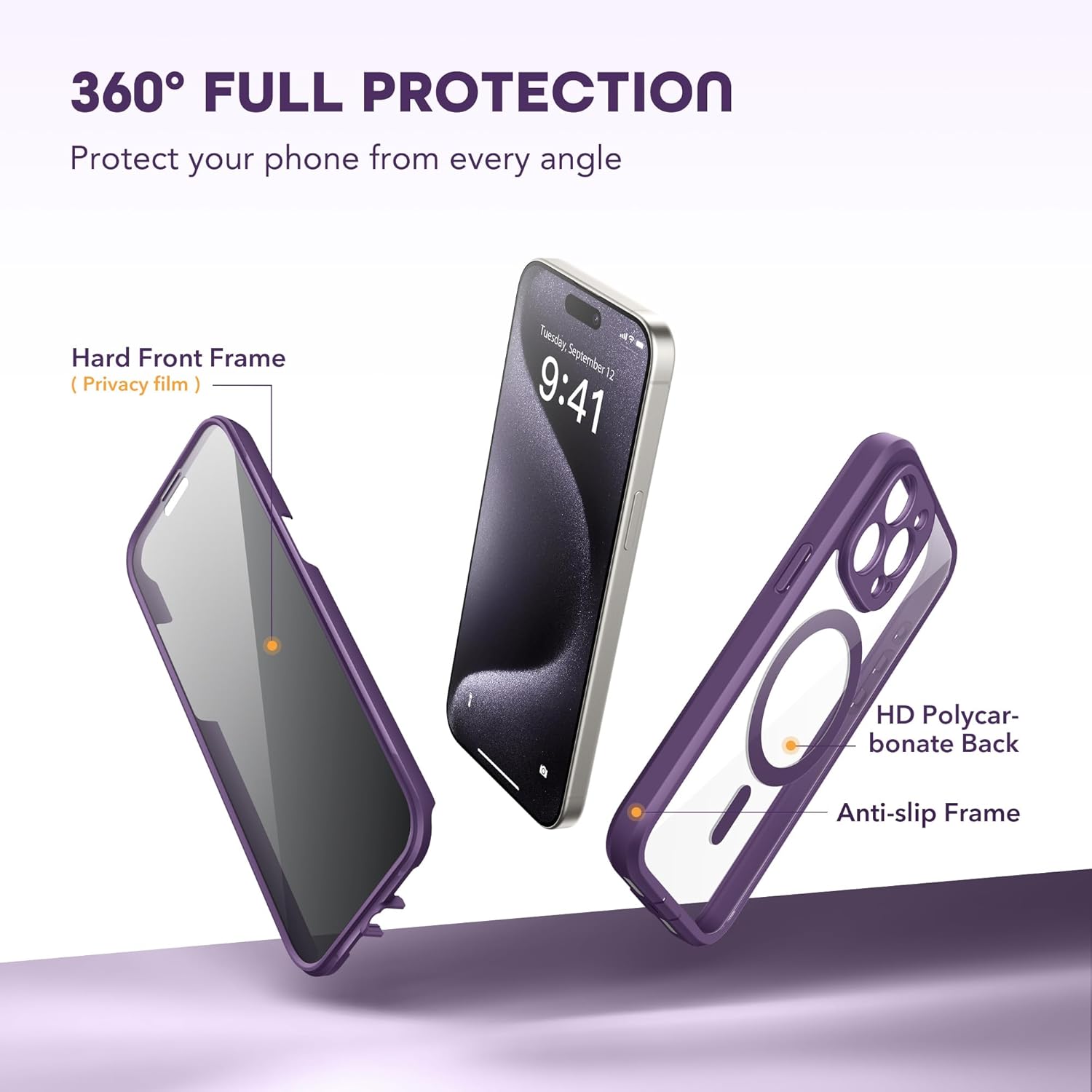Magnetic for iPhone 15 Pro Case, Compatible with MagSafe, Built-in Privacy Screen Protector and Camera Protection, Anti Spy Full Body Dustproof Shockproof Hard Phone Case 6.1", Light Purple