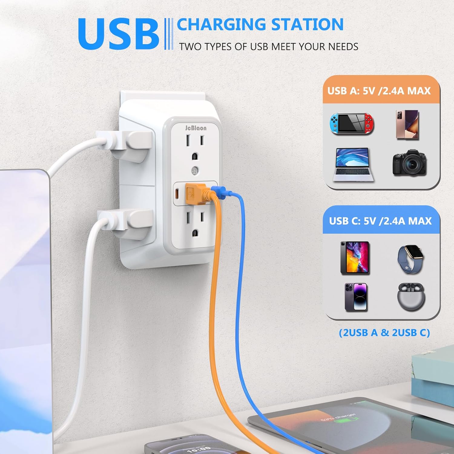 2 Pack Outlet Extender Surge Protector, 6 Outlet Splitter with 4 USB Outlet (2 USB A,2 USB C), 3Sided Power Strip with Adapter Spaced Outlets for Home, Office, Travel(White)