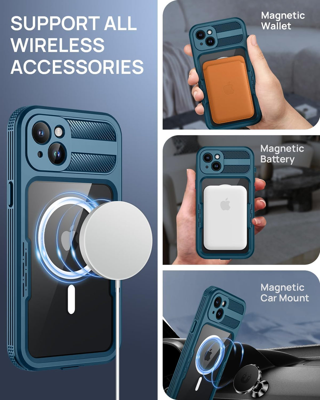 Lanhiem Magnetic for iPhone 15 Case, IP68 Waterproof Dustproof Case, [Compatible with Magsafe] [Built-in Screen Protector] Full Body Heavy Duty Rugged Phone Cover 6.1 inch, Blue/Clear