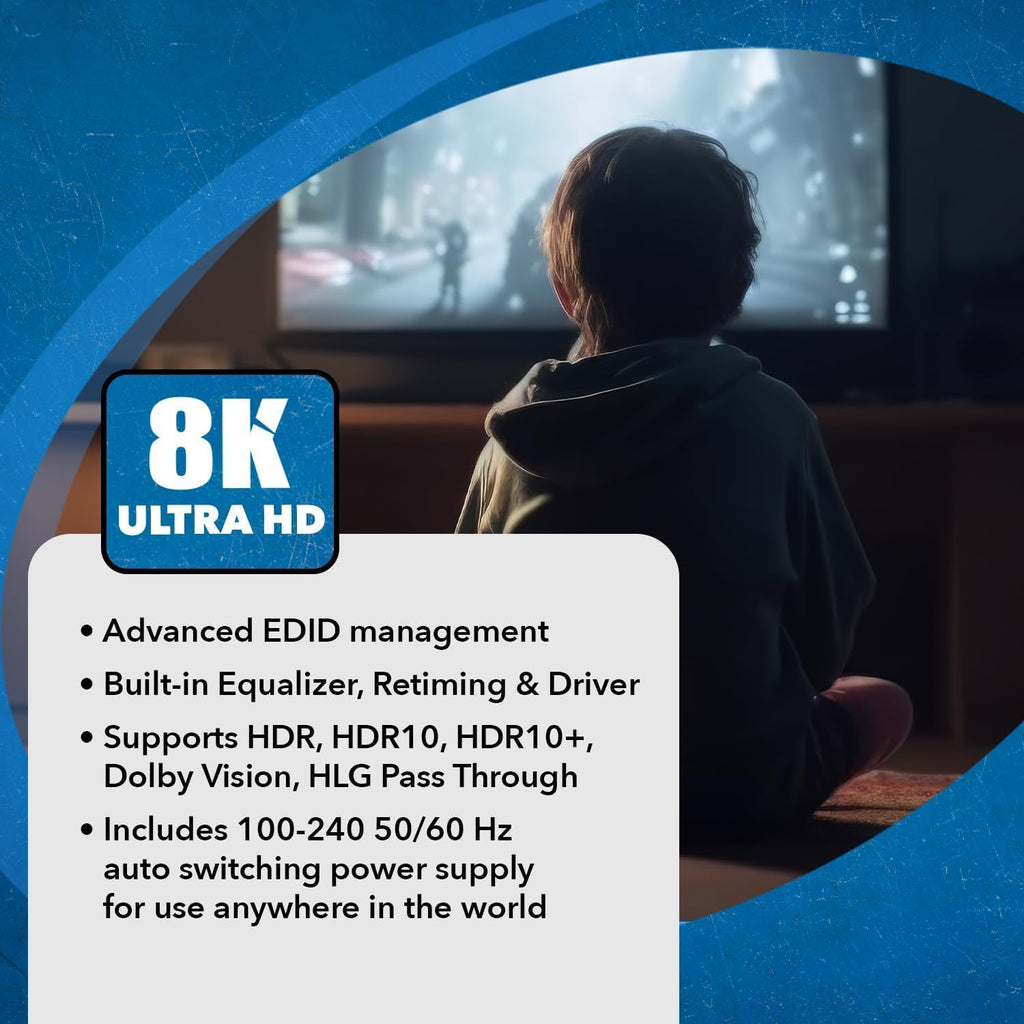 OREI 8K HDMI Splitter 1 in 4 Out, 1 x 4 Duplicate/Mirro Screen with Audio Extractor UltraHD Supports Upto 4K @ 120Hz IR EDID HDCP 2.3 for PS5, Xbox, NVIDIA (BK-104A)