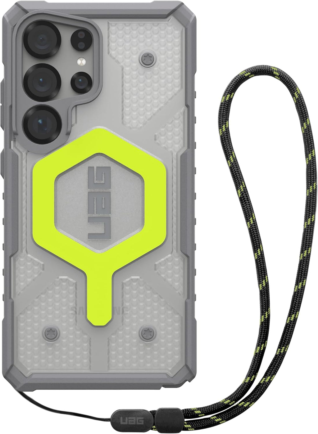 URBAN ARMOR GEAR UAG Designed for Samsung Galaxy S25 Ultra Case 6.9" Pathfinder Clear Bundle with Wrist Lanyard - Compatible with Magnetic Charging Luminous Glow in The Dark Cover, Active Neon