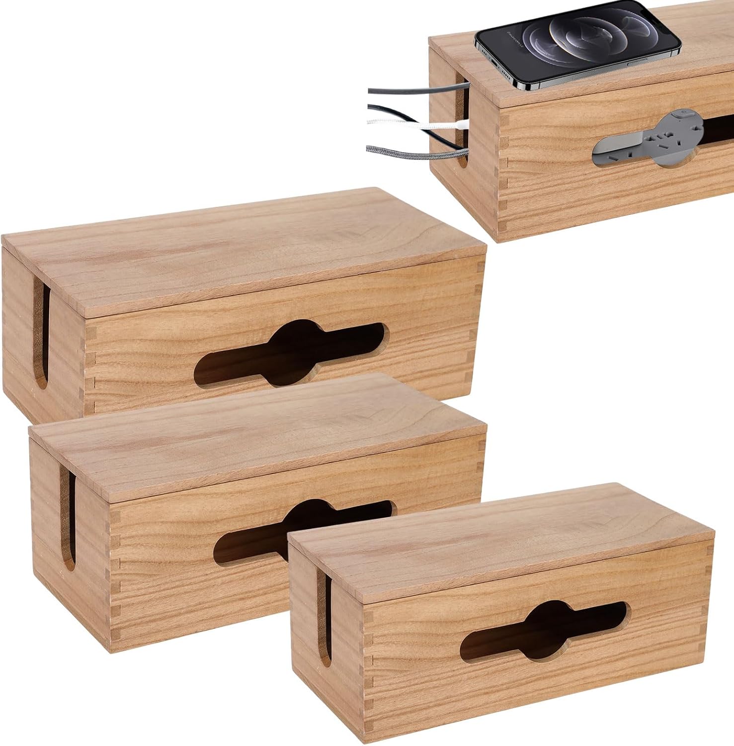 3PCS Wooden Cable Management Box Kit Wooden Cable Hider Storage Box Cord Organizer to Hide Cords & Wires for Desk Organization Protector Box for Home Office Kitchen Desk TV Computer Wires (S + M + L)