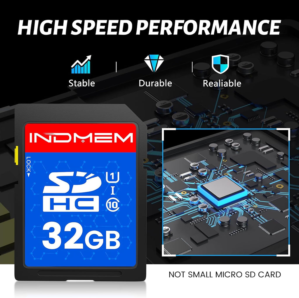 INDMEM SD Card 32GB, 10-Pack UHS-I Class 10 MLC Flash Memory Card, High-Speed Secure Digital Cards for Cameras, DSLR, Action Cams - Reliable Storage