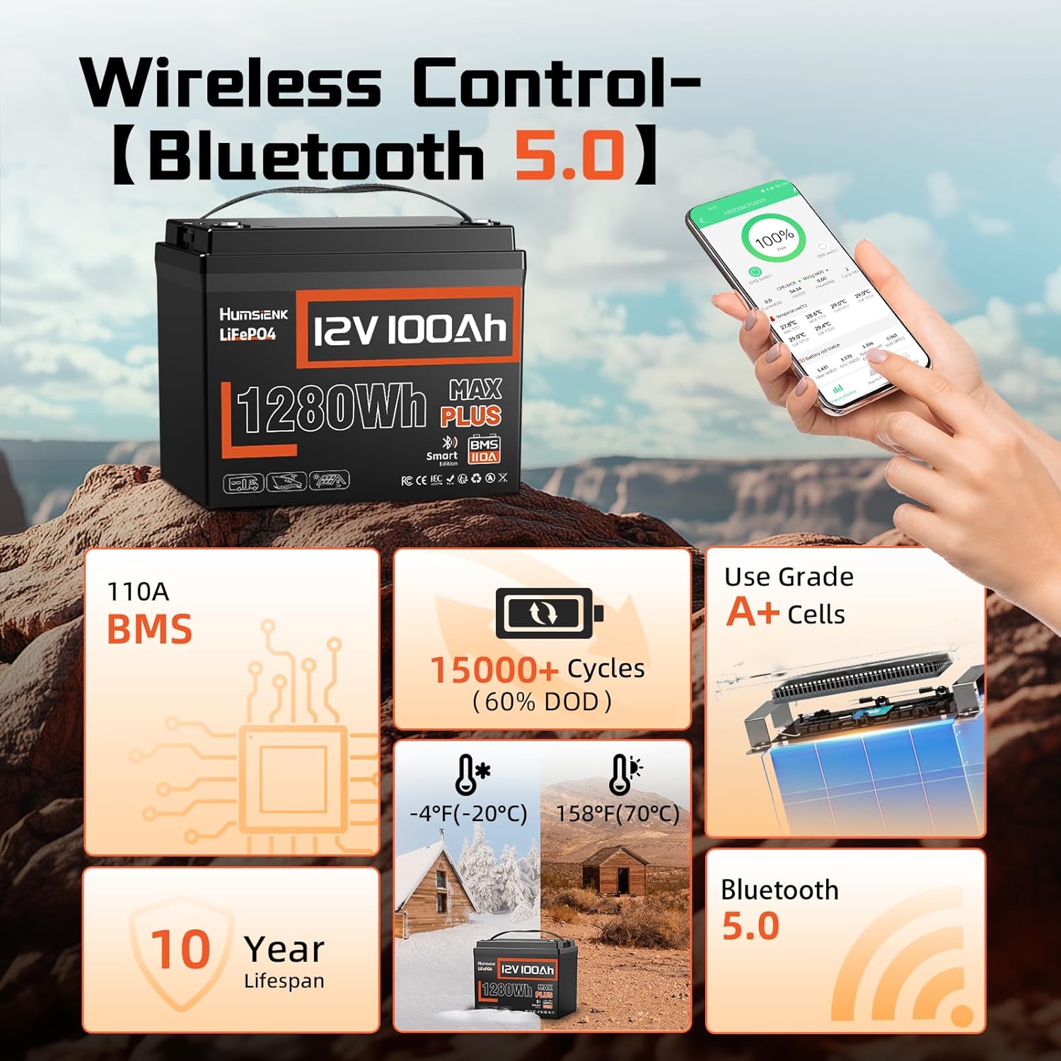 2PACK 12V 100Ah LiFePO4 Lithium Battery MAX Bluetooth 5.0 IP67, 15000+ Deep Cycles Lithium Battery, Built-in 110A BMS for RVs Marine Trolling Motors