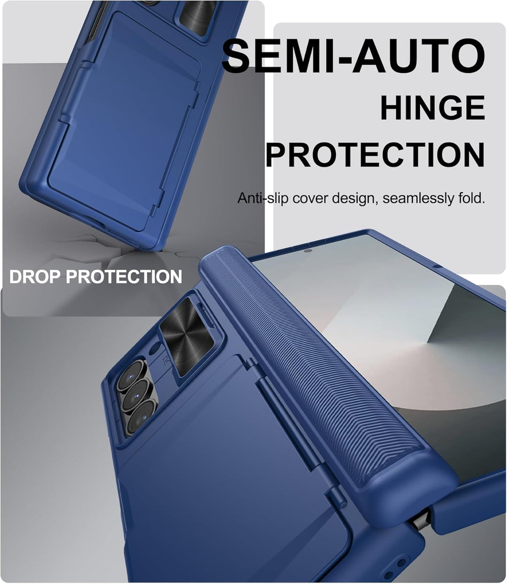 for Samsung Galaxy Z Fold 6 Case with Card Holder & Hinge Protection, Built-in Screen Protector & Camera Cover, Sturdy Durable Protective Multifunctional Wallet Phone Case for Z Fold 6 5G, Blue