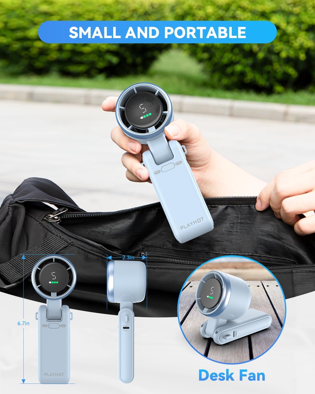 Portable Handheld Turbo Fan, 5-Speed Personal Fans, 5000mAh Rechargeable Fans Up to 12 Hours, Weight only 0.6lb Small Fan, Hand/Neck/Desk Fan 3 IN 1, Beach Vacation Essentials(Blue)