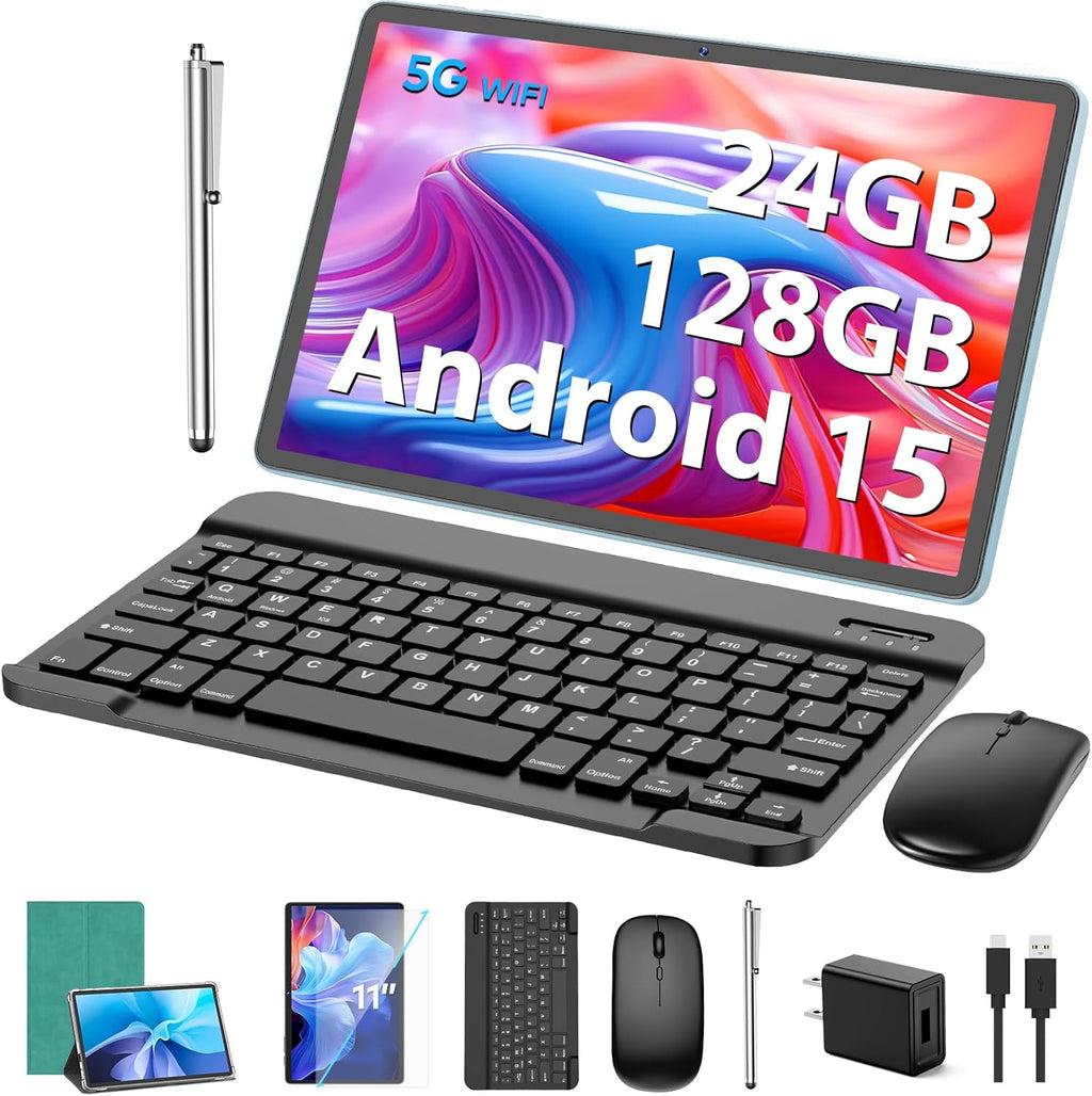 Android Tablet, 11 inch Android 15 Tablet with Keyboard, 24GB+128GB, 1TB Expand, 8000mAh, 5MP+13MP, 2.4G&5G WiFi, IPS Touch Screen, GMS Certified, 2 in 1 Tablets with Case, Mouse, Stylus(Green)