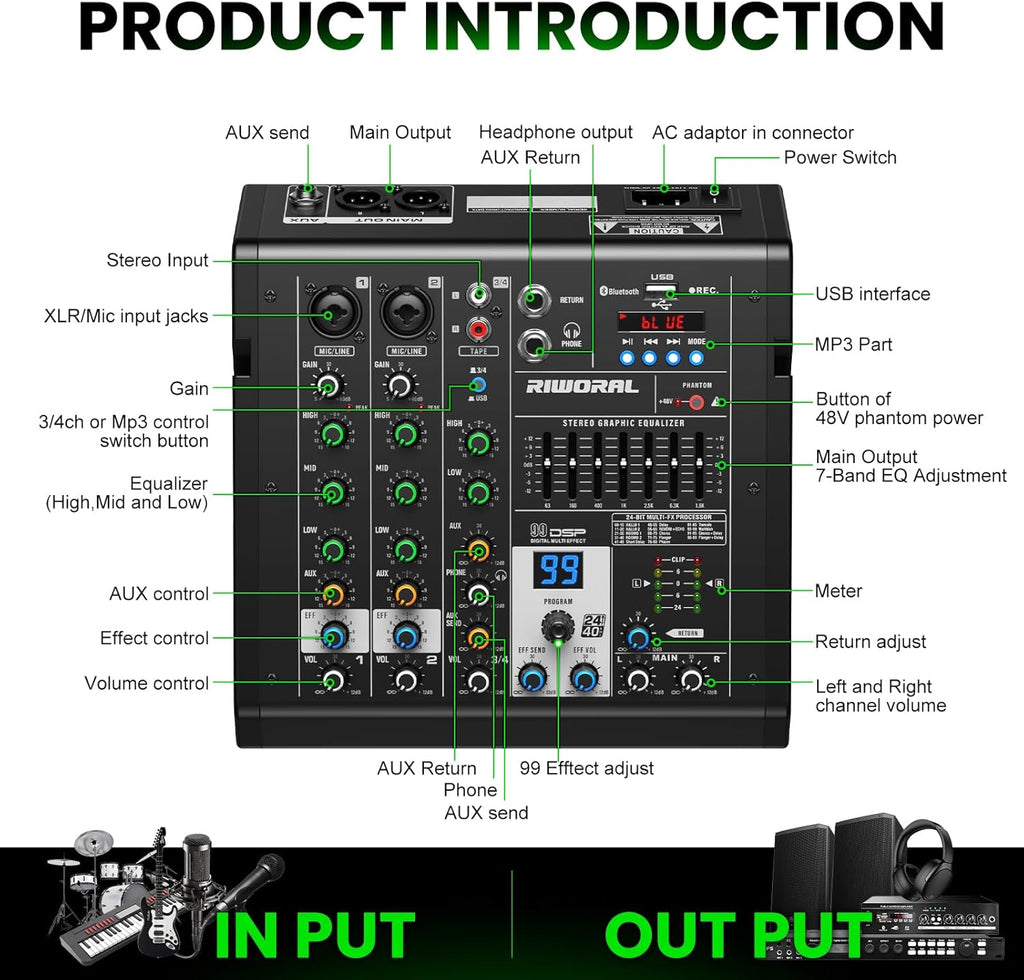 4 Channel Audio Interface DJ Mixer with 99 DSP Reverb Delay Effect USB Audio Interface +48V Phantom Bluetooth for Karaoke Studio Streaming Recording,Live Broadcasting,Podcasting