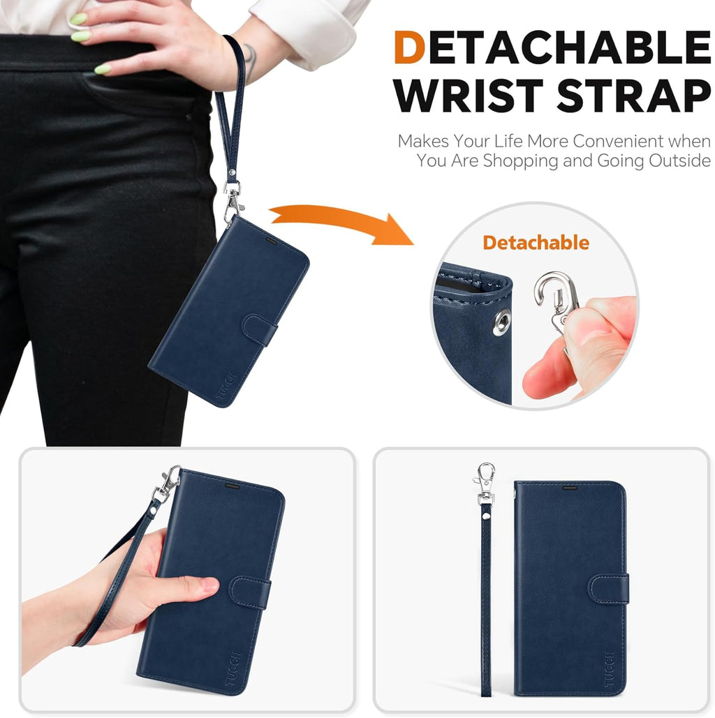 TUCCH Case for Galaxy S25 Plus, [Detachable] 2 in 1 Magnetic PU Leather Wallet with Wrist Strap RFID Blocking [Wireless Charging] 4 Card Slot Kickstand Removable Cover for Galaxy S25 Plus, Dark Blue