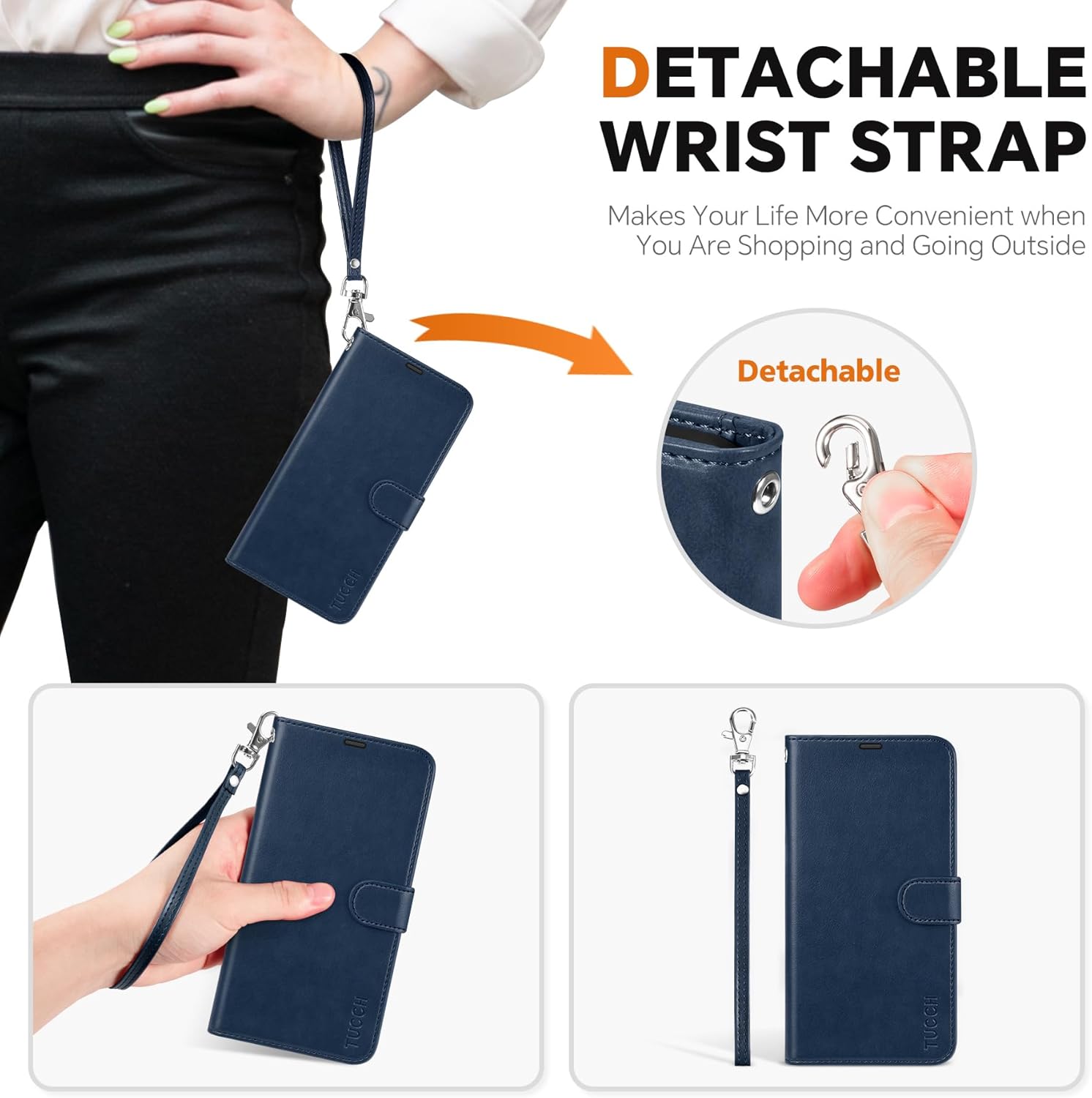 TUCCH Case for Galaxy S25 Plus, [Detachable] 2 in 1 Magnetic PU Leather Wallet with Wrist Strap RFID Blocking [Wireless Charging] 4 Card Slot Kickstand Removable Cover for Galaxy S25 Plus, Dark Blue