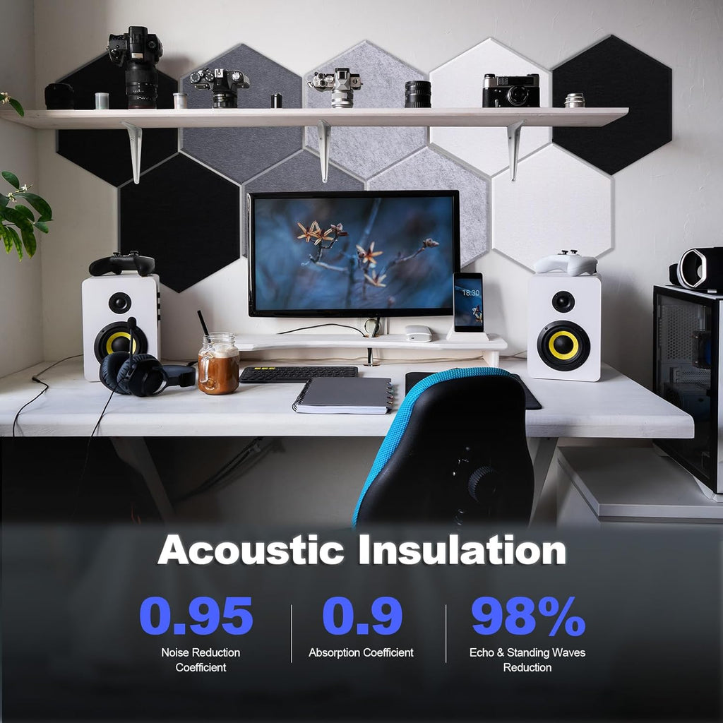 Mollywell Hexagon Acoustic Panels, High Density, Soundproofing, Decorative Noise Reduction Felt Wall Tiles for Studio, Office, Home (Silver Gray, Moon Gray, Black, White), 14x12x0.4 Inch