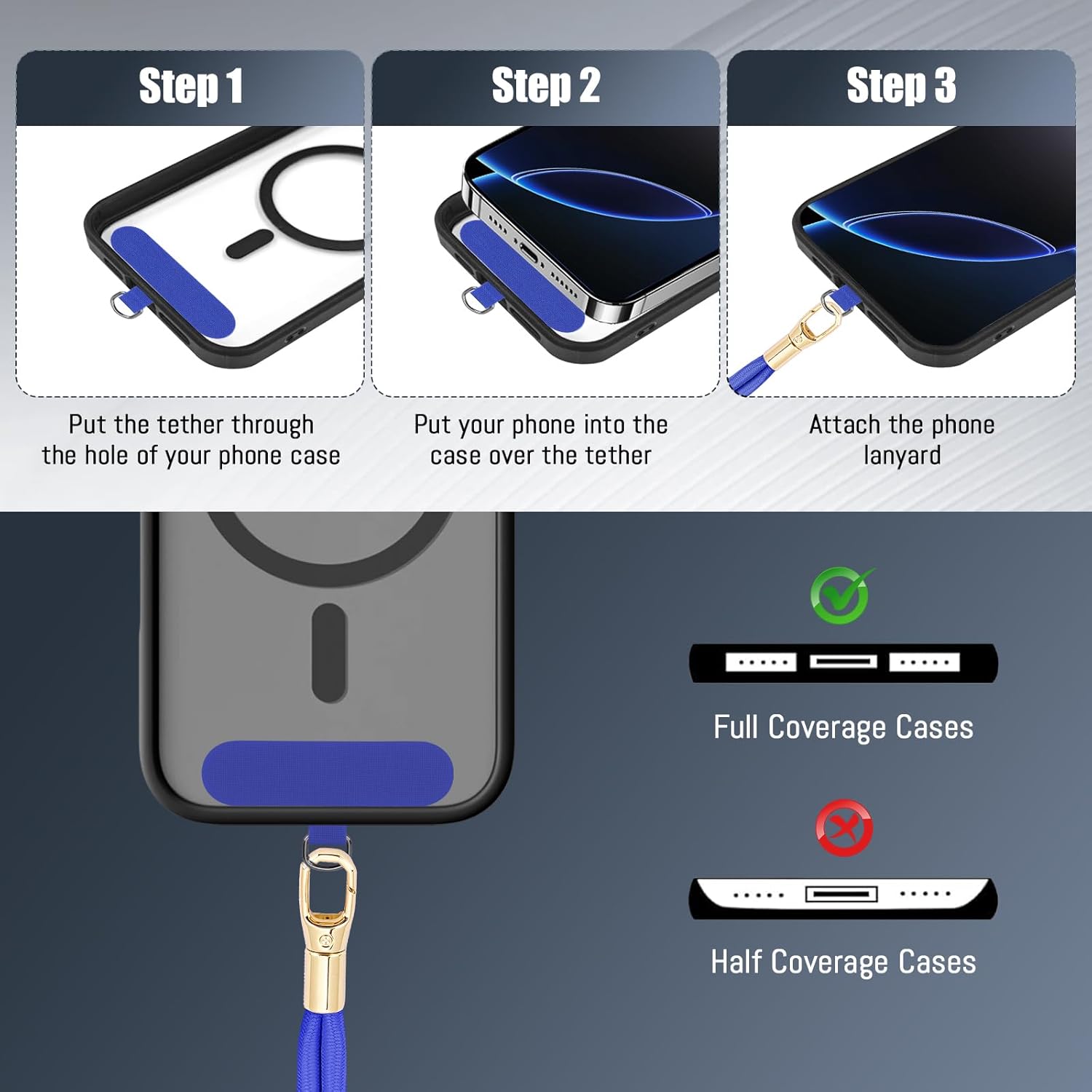 Phone Lanyard 2 Pack, 2x Adjustable Crossbody Phone Strap, 2x Tether Tab, Anti-theft Universal Cellphone Multifuctional Patch Lanyards for iPhone & Most Smartphones, Blue+Black