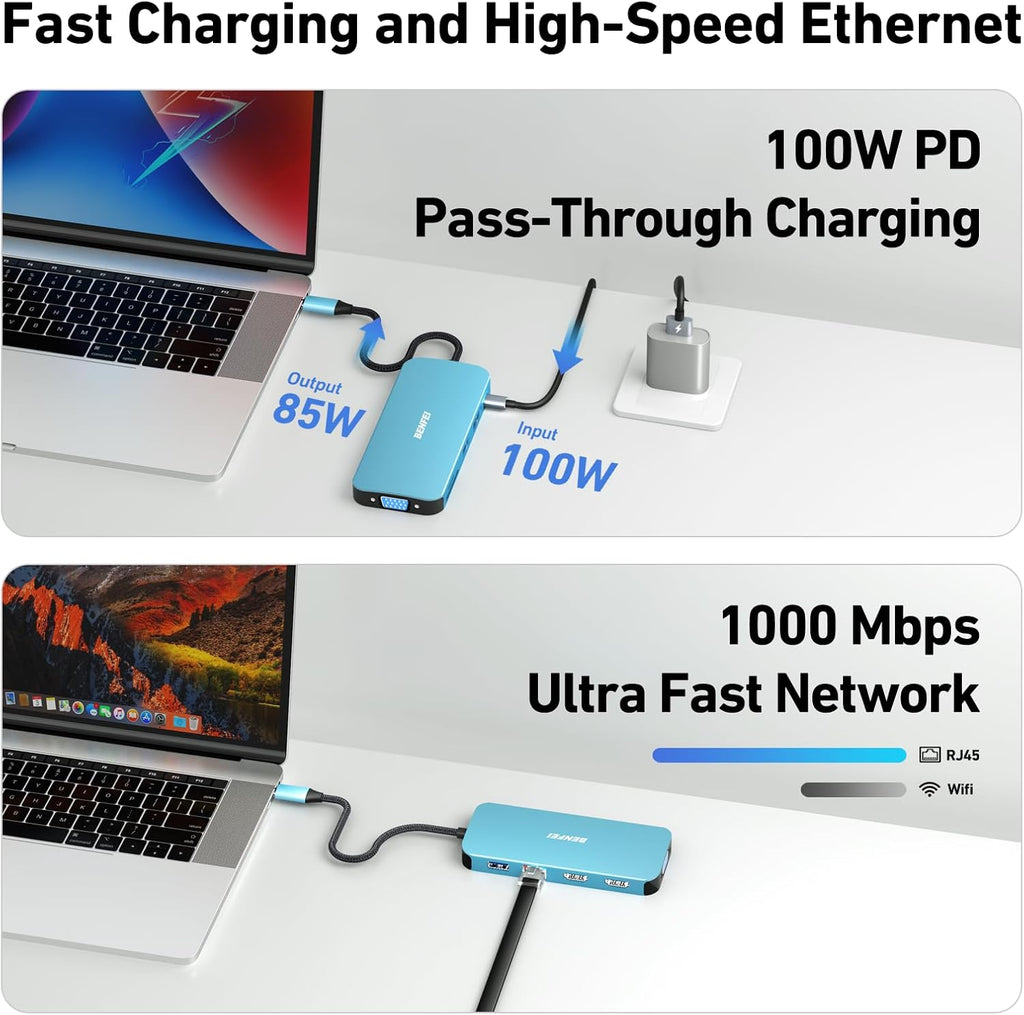 BENFEI 11-in-1 USB C Hub Triple Display Docking Station Dual HDMI, VGA, 3*USB 3.0, 1Gbps Ethernet, 100W Power Delivery, SD/TF Card Reader, 3.5mm AUX Audio Compatible with MacBook XPS Surface