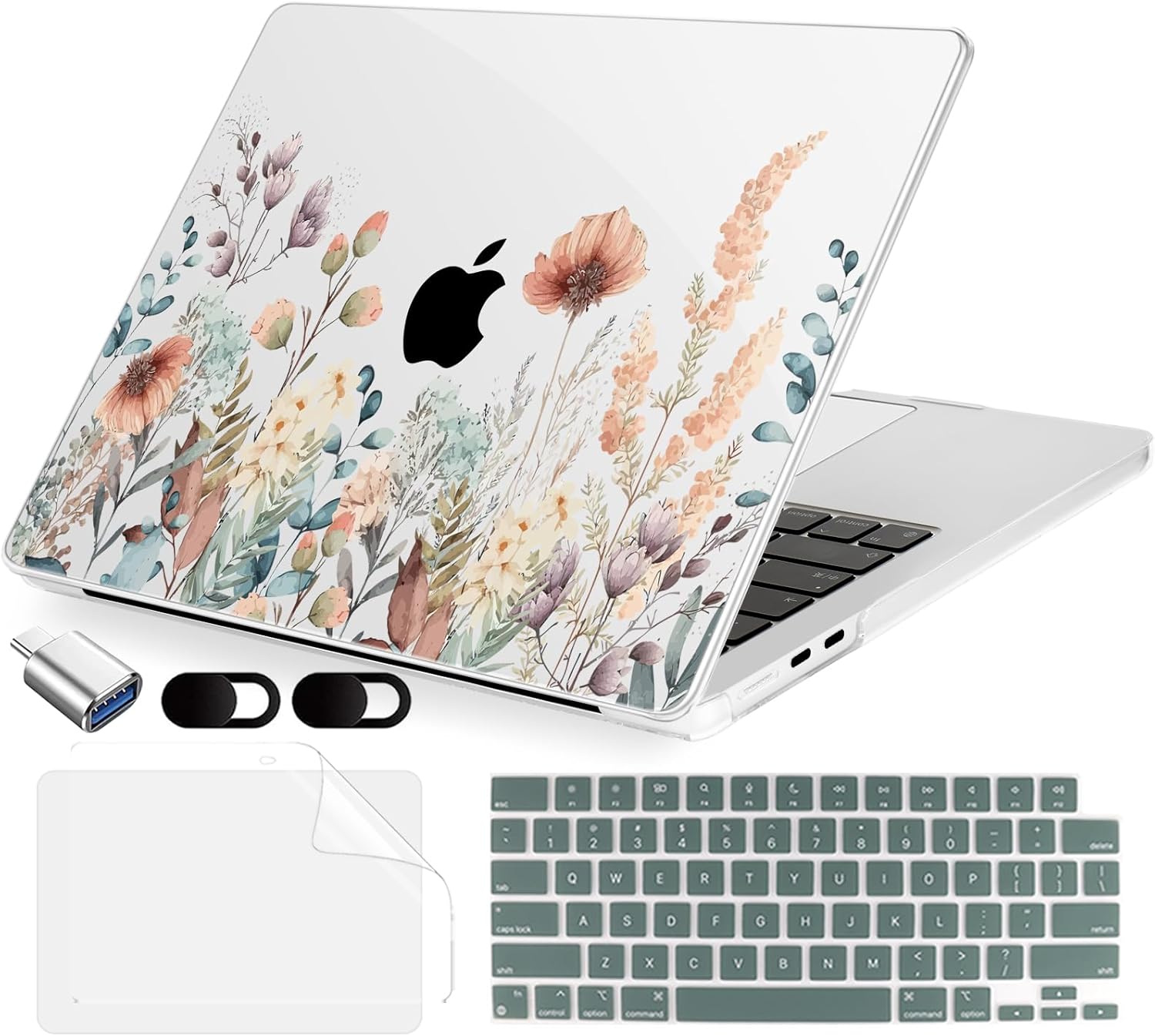 Compatible with MacBook Air 13.6 inch Case, M4 A3240/M3 A3113/M2 A2681 (Released 2025 to 2022), Hard Shell, Keyboard Cover, Screen Protector, Webcam Cover & Type-C Adapter, Abstract Flower