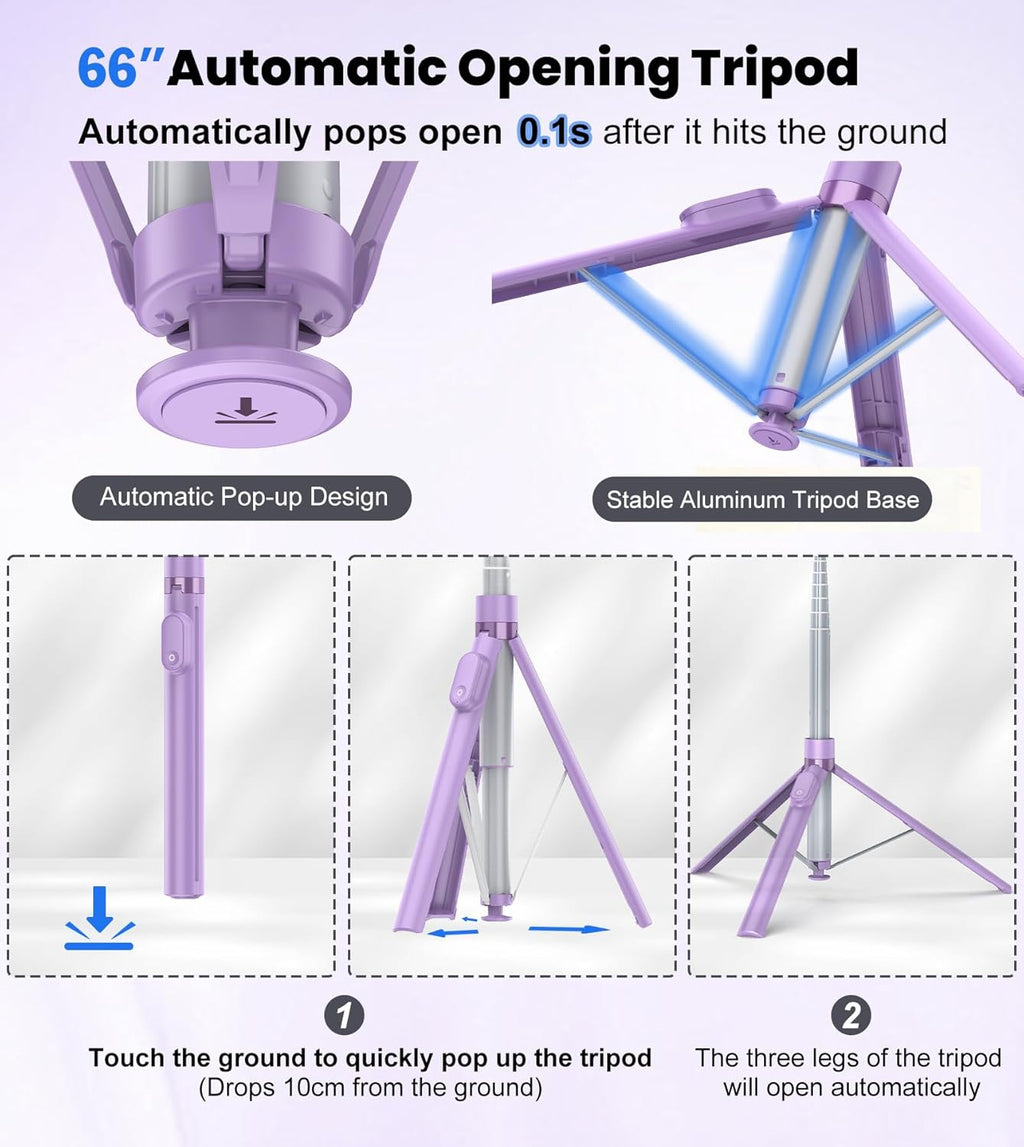 TONEOF 66" Automatic Tripod,Auto-Open Phone Tripod Stand with Magnetic Rechargable Remote,Selfie Stick Tripod 360° Vertical & Horizontal Rotatable,Stable Travel Tripod for iPhone/Android(Purple)