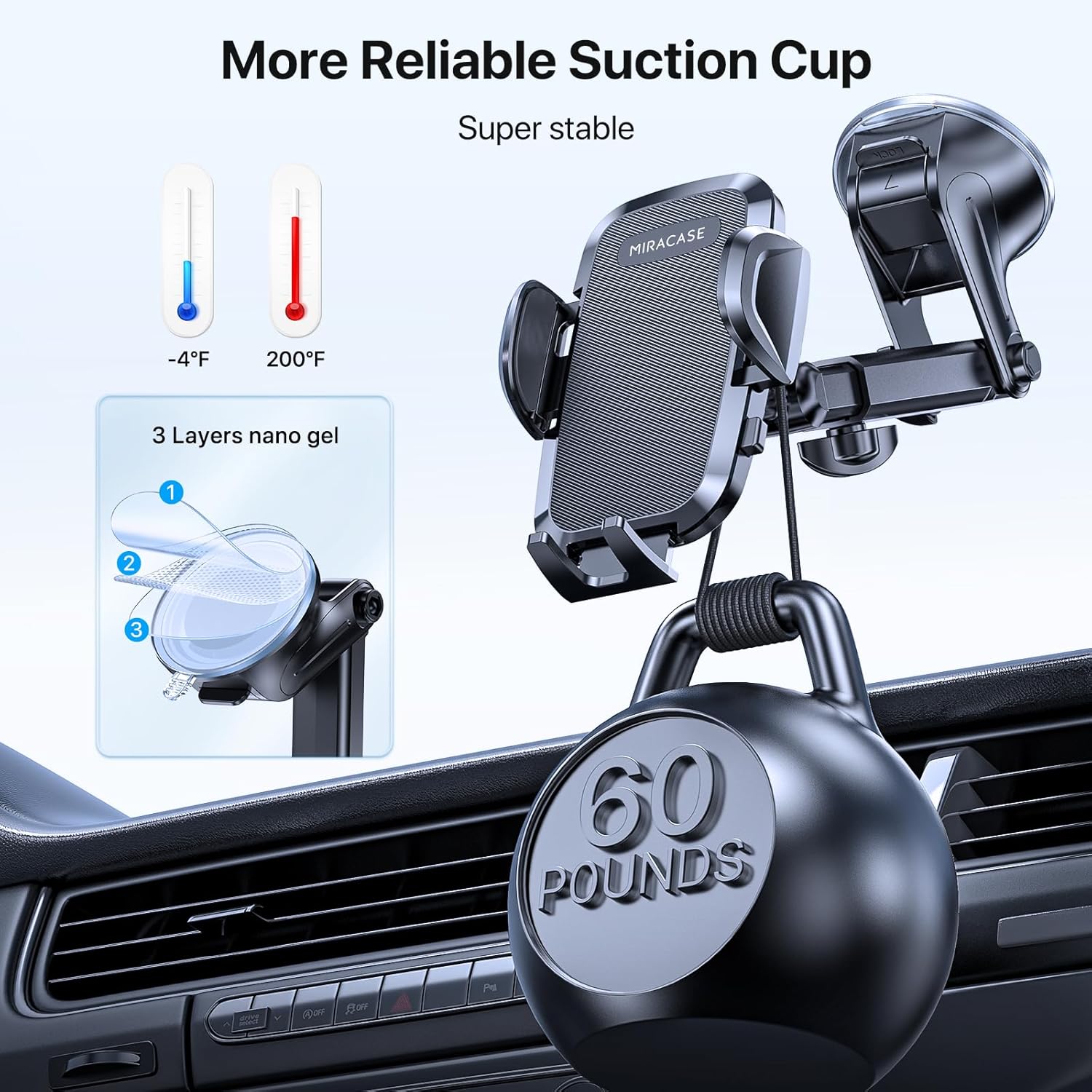 Miracase Phone Holders for Your Car, [Thick Case & Heavy Phone Friendly] Universal Cell Phone Car Mount, 3-in-1 Phone Mount for Car Dashboard Windshield Air Vent Fit for All Smartphones