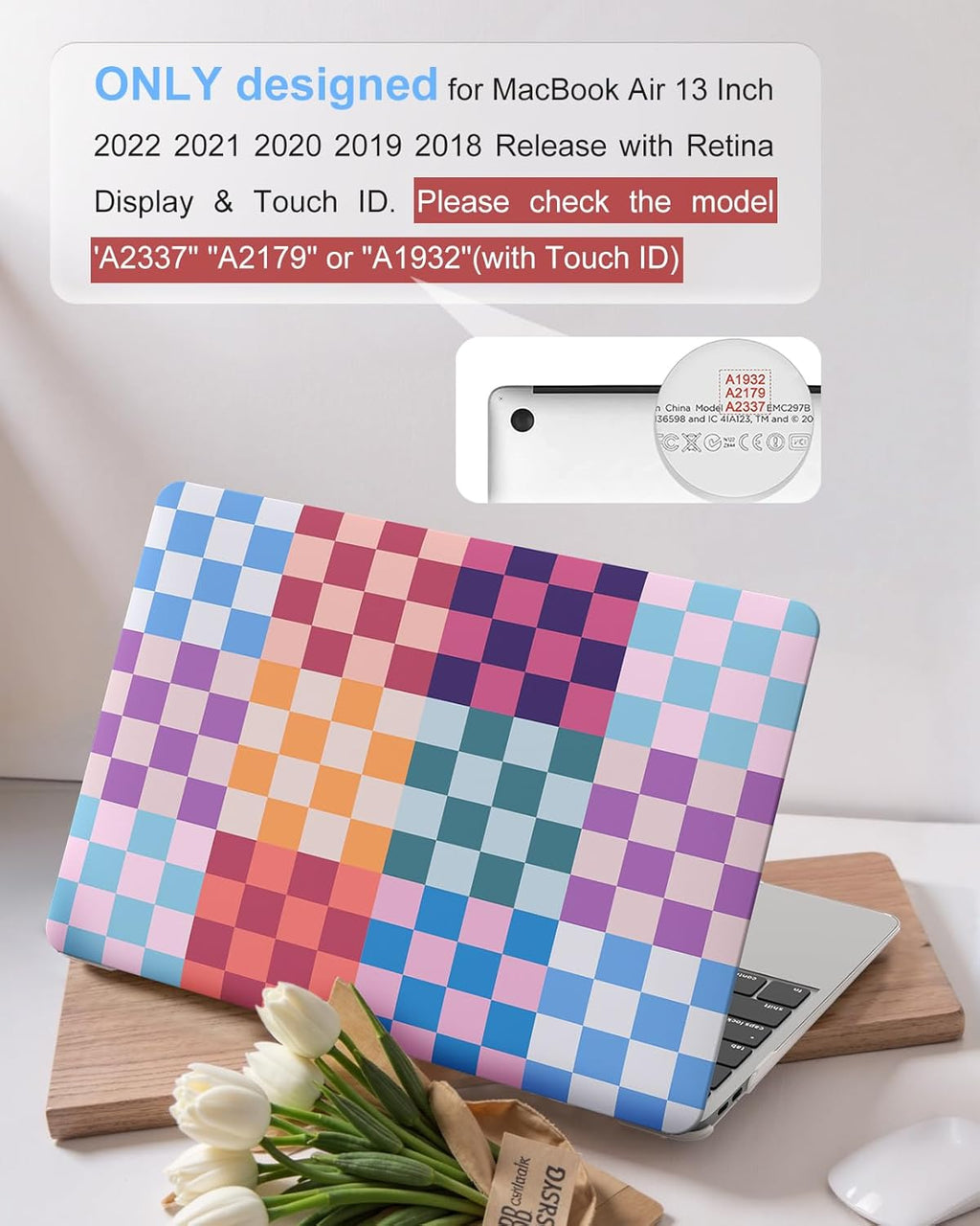 iCasso Compatible with MacBook Air 13 inch Case 2020-2018 Release M1 A2337 A2179 A1932, Colorful Checkerboard Protective Hard Shell Case +Keyboard Cover + Screen Protector-Dopamine Checkerboard