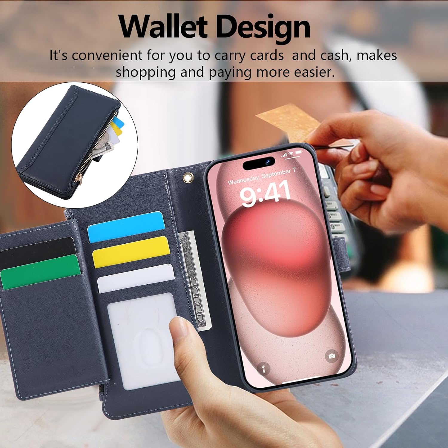 Compatible with iPhone 14 Pro Wallet Phone Case-PU Leather Magnetic Flip Cover with Credit Card Slots,Zipper Pocket & Detachable Wrist Strap,Shockproof Design,for Women and Men-Navy Blue
