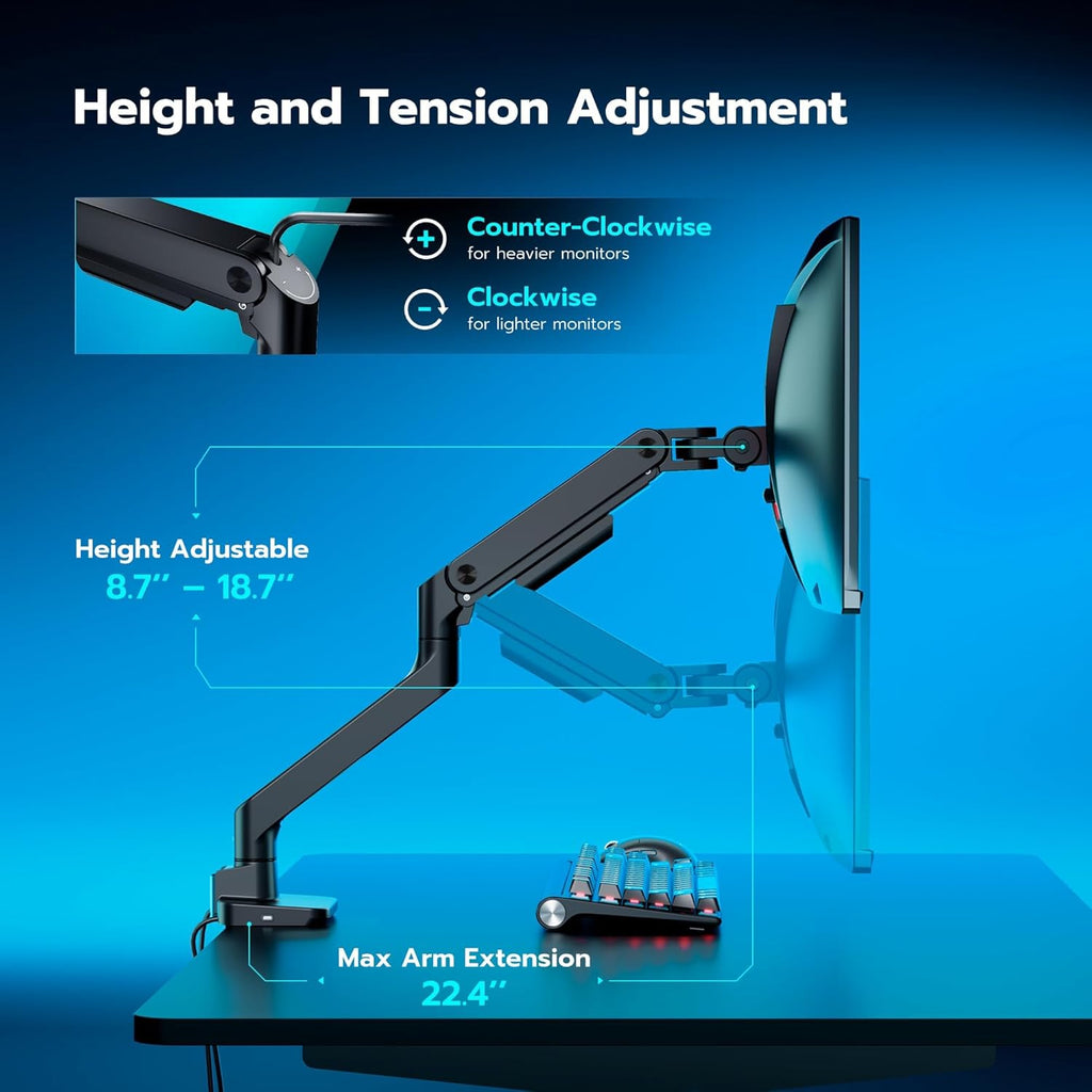 ARES WING Ultrawide Monitor Arm with USB A/C, for 17 to 49 inch Heavy Duty Screen, Holds 44 lbs, Adjustable Gas Spring Arm Desk Mount with Clamp and Grommet Base, Black