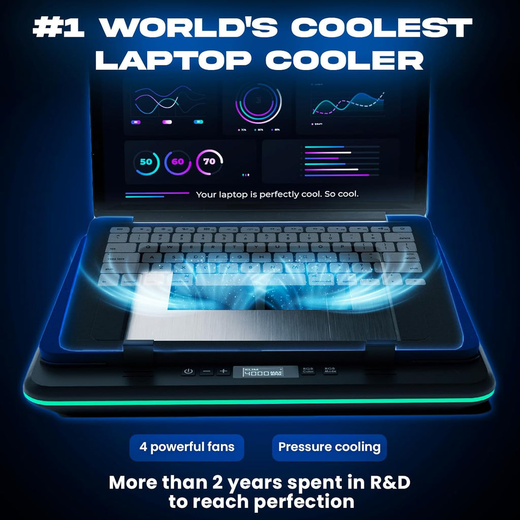 KLIM Turbofrost - Gaming Laptop Cooling Pad - 4 Powerful Turbo Fans - 4 x 4000 RPM, Laptop Cooler 2 Power Modes USB-C/DC, Dynamic RGB, 4-Ports USB, Sealed Foam for Fast Cooling for Laptops up to 17in