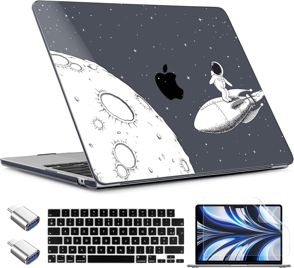 TWOLSKOO Compatible with M4 MacBook Air 13.6 inch Case 2025-2022 Release M4 A3240 M3 A3113 M2 A2681, Plastic Hard Shell & Keyboard Cover & Type C Adapter & Screen Protector, Flying Astronauts