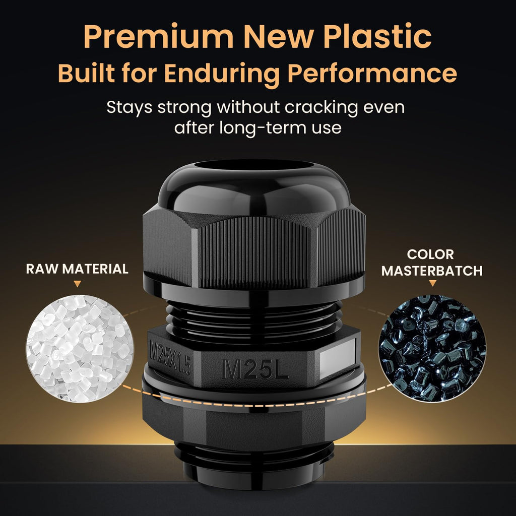 QILIPSU 6pcs M25L Long Thread Cable Gland Waterproof IP68 Nylon Strain Relief Cord Grip Cable Pass Through Wire Connector