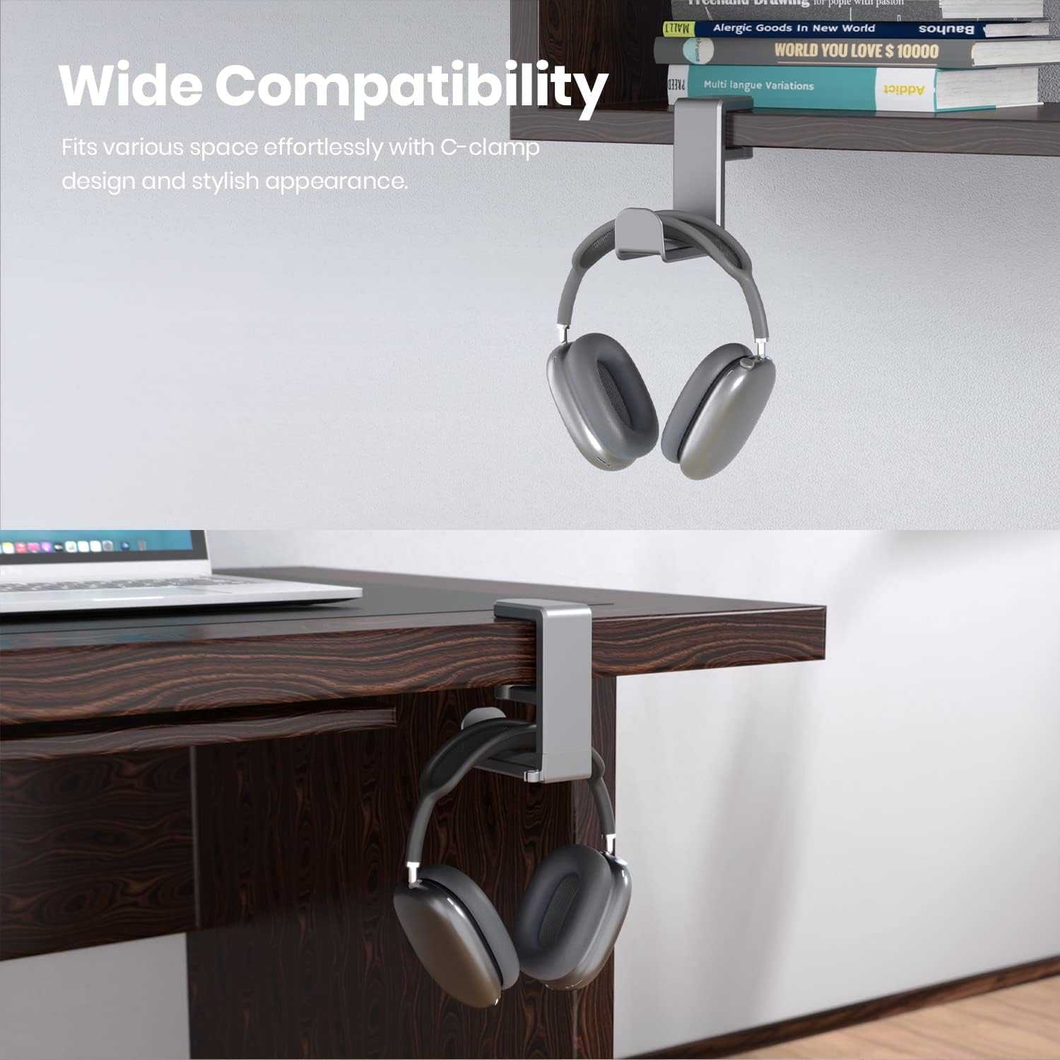 EURPMASK PC Gaming Headset Stand - Adjustable Clamp-on Headphone Holder, 360 Degree Swivel & Cable Clip Organizer - Space Grey
