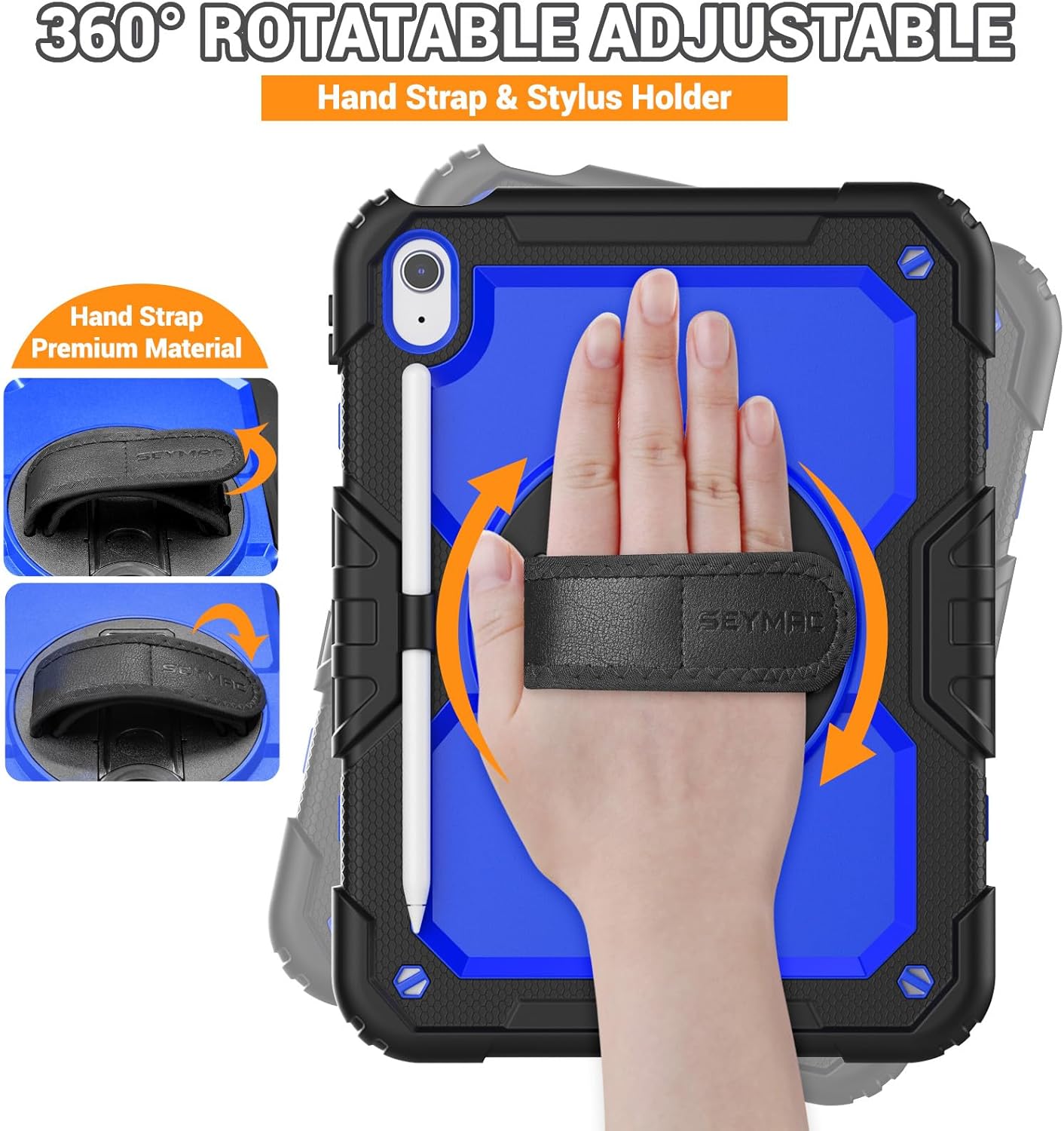 SEYMAC Case for iPad (A16) 11th/10th Generation 2025/2022 (11″/10.9″), Heavy Duty Full-Body Shockproof Protective Case with Screen Protector, Rotating Stand, Hand/Shoulder Strap, Black/Dark Blue