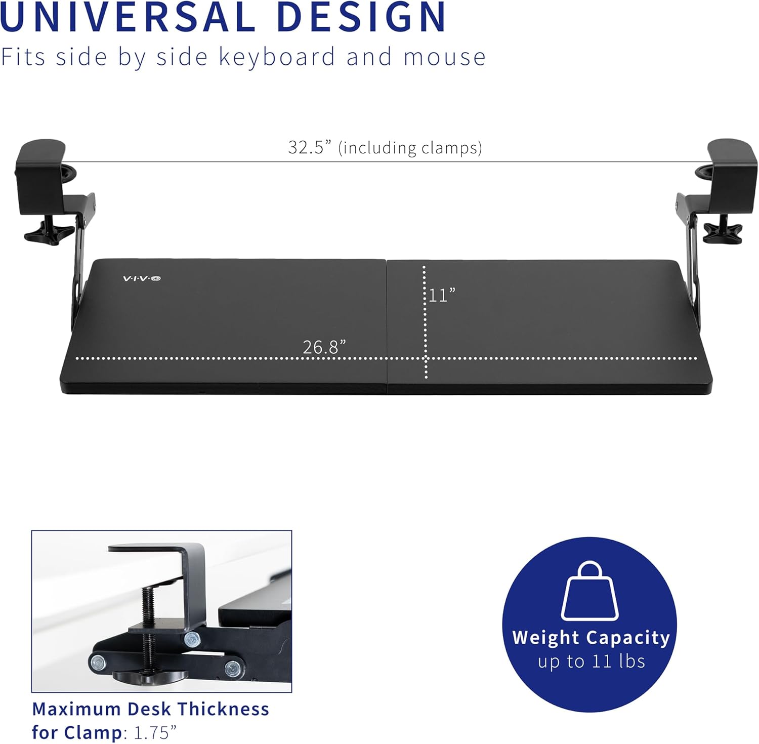 VIVO Large Clamp-on 27 (33 Including Clamps) x 11 inch Computer Keyboard and Mouse Tray with 12 Setting Swinging Height Adjustment, Platform Drawer for Typing, Black, MOUNT-KB08V