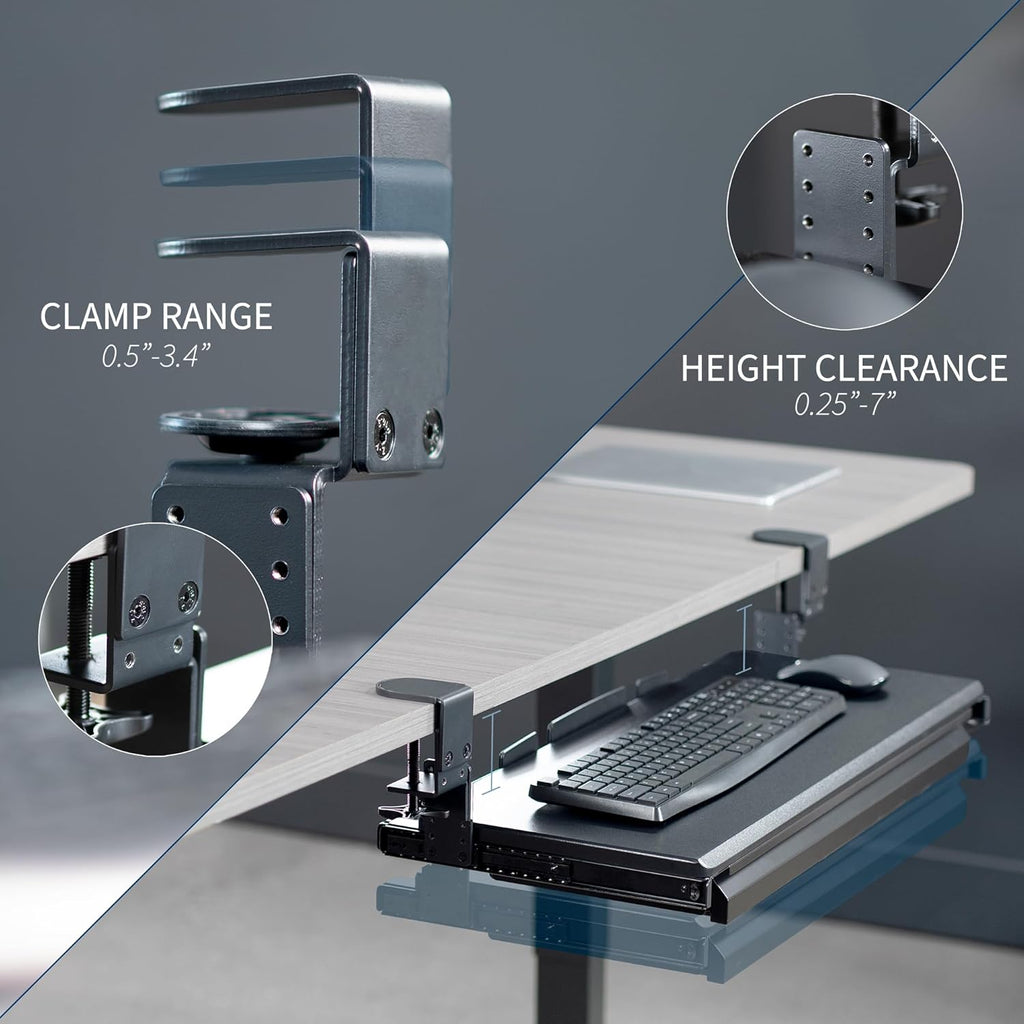 VIVO Large Height Adjustable Clamp-on Keyboard Tray, Extra Sturdy Pull Out Platform with Storage Drawer, 27 (33 Including Clamps) x 11 inch Slide-Out Tray with Organizer, Black, MOUNT-KB05HB-DR