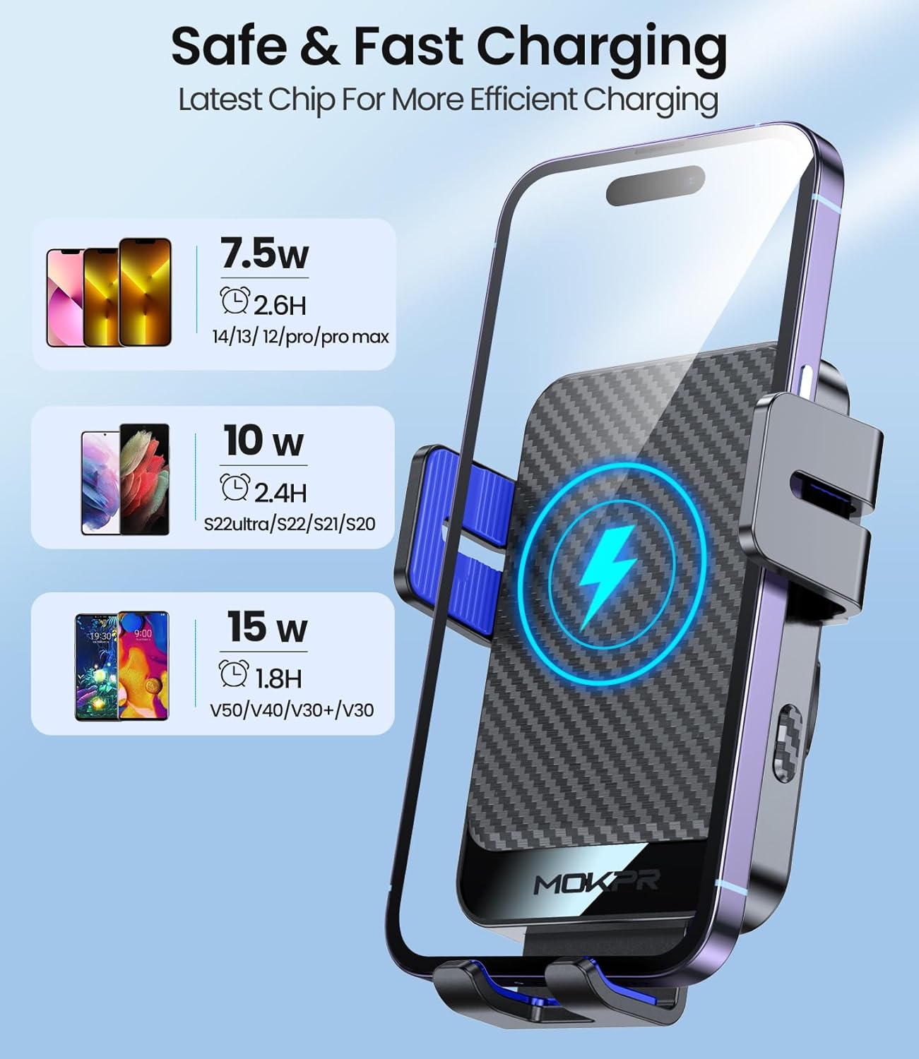 Wireless Car Charger, MOKPR 15W Fast Charging Auto-Clamping Car Mount Hands-Free Car Charger Mount for Dash Windshield Air Vent Compatible with iPhone 16 15/14/13/12, Samsung S23/S22/S21,Blue